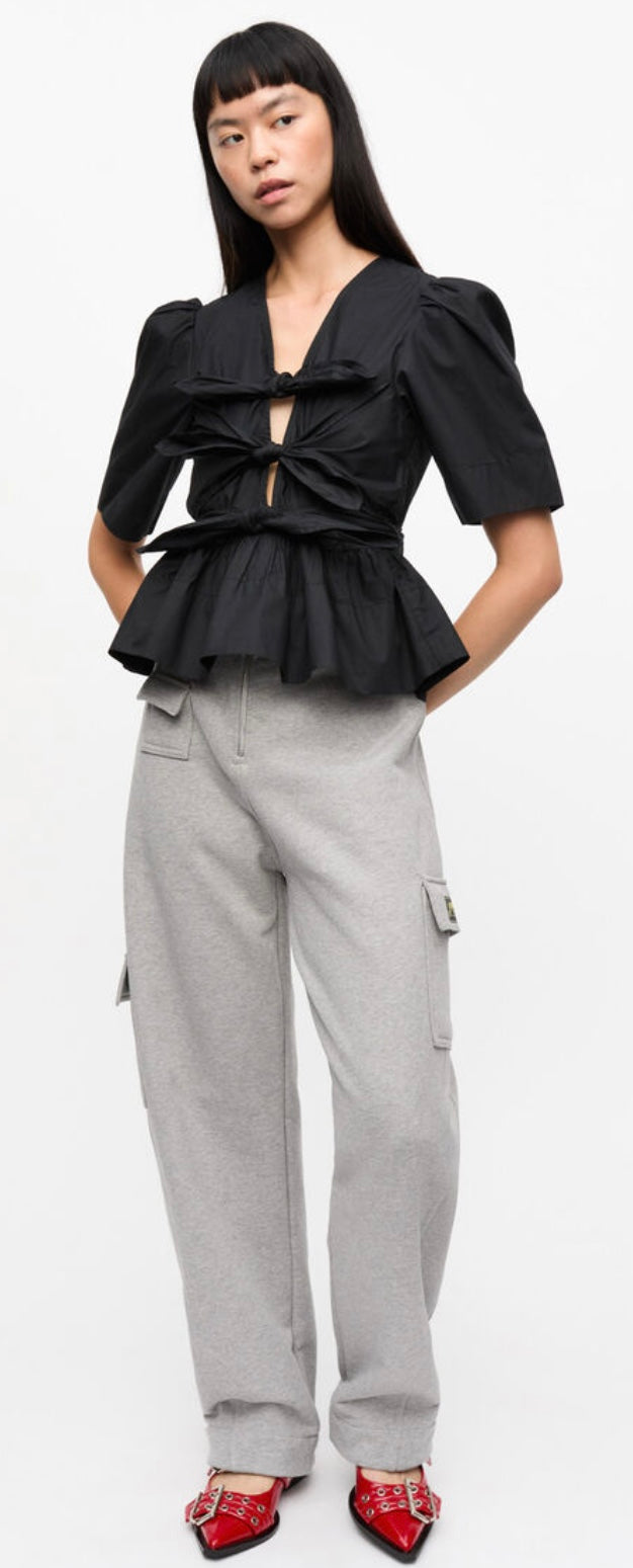 Ganni Washed Stretch Cotton Tie Strap Blouse