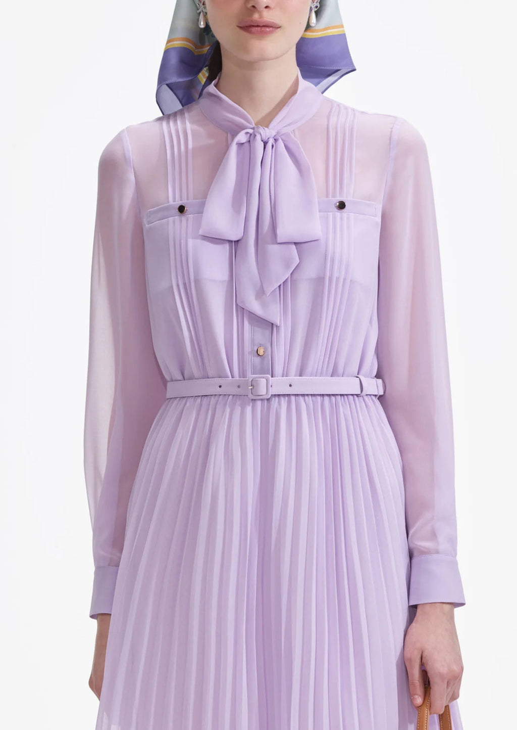 Self Portrait Lilac Chiffon Pussy Bow Midi Dress