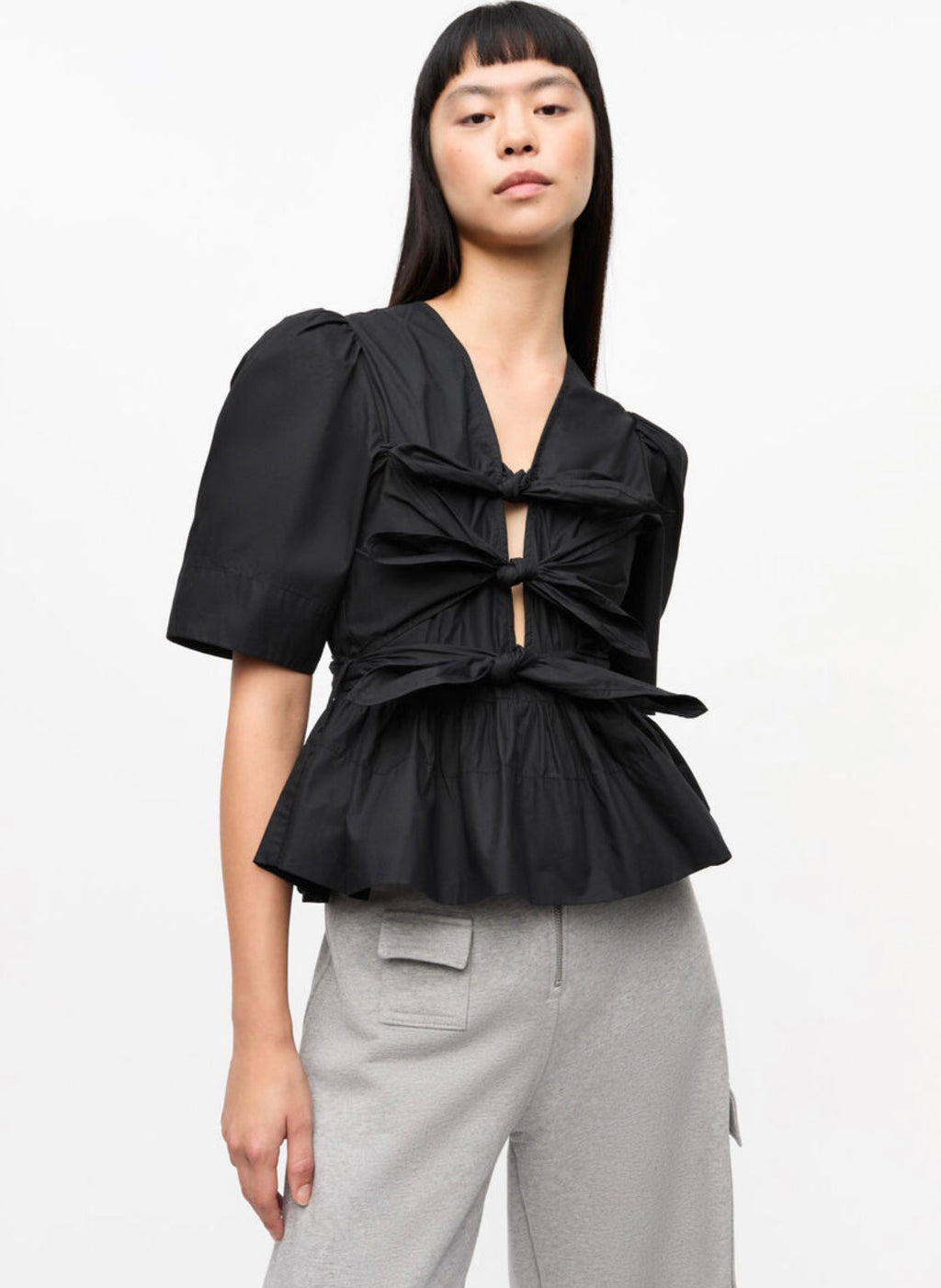 Ganni Washed Stretch Cotton Tie Strap Blouse