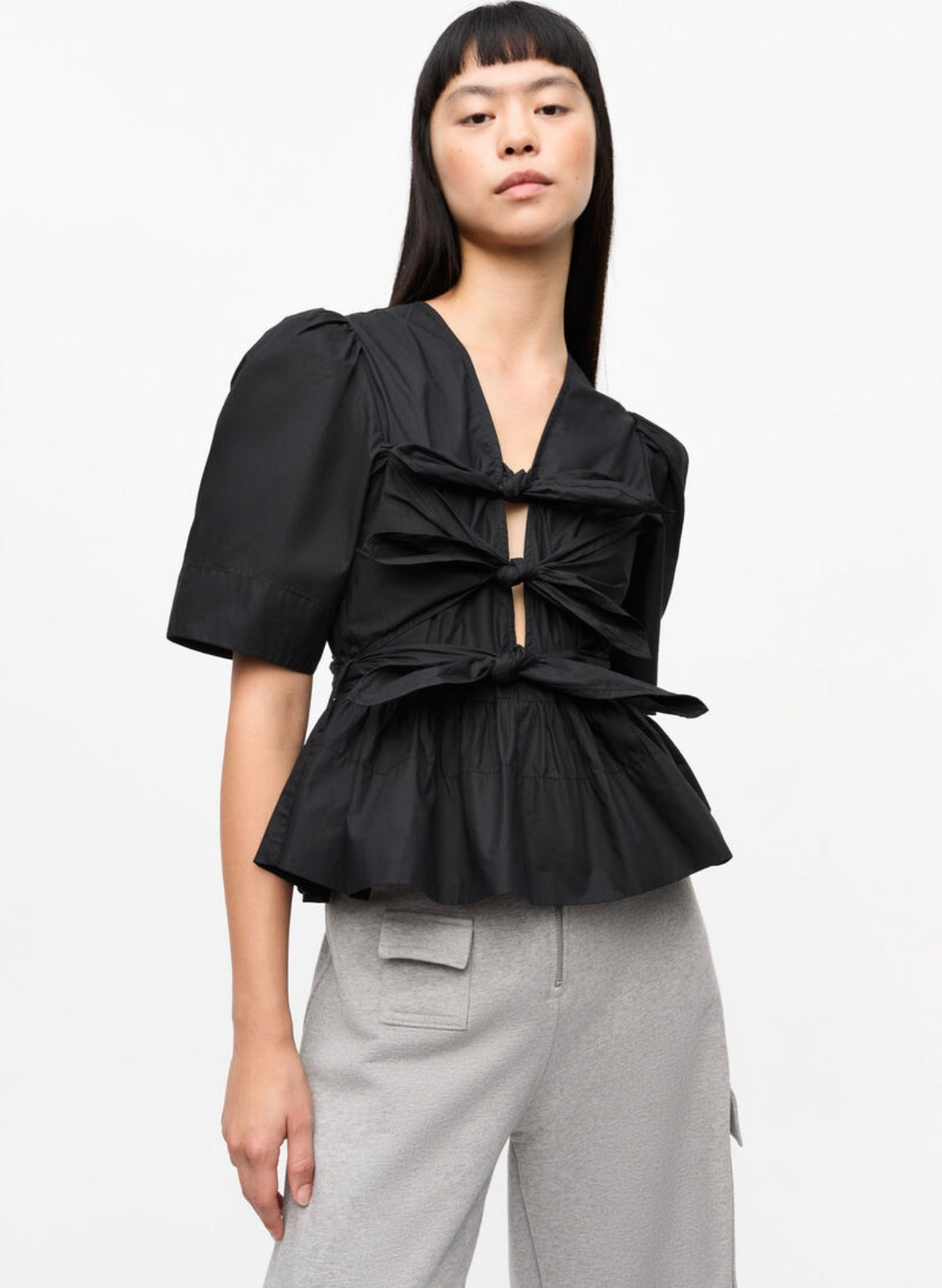 Ganni Washed Stretch Cotton Tie Strap Blouse