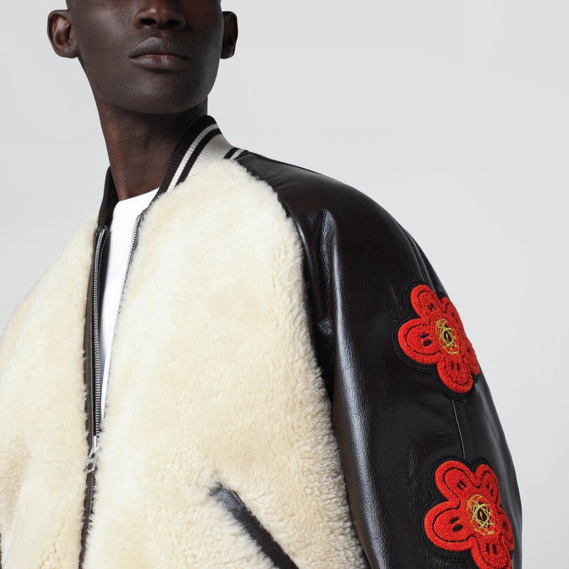 Beige shearling-effect and brown leather bomber jacket