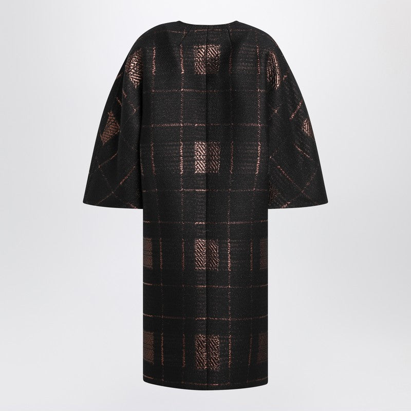 Black cocoon coat in jacquard lamé