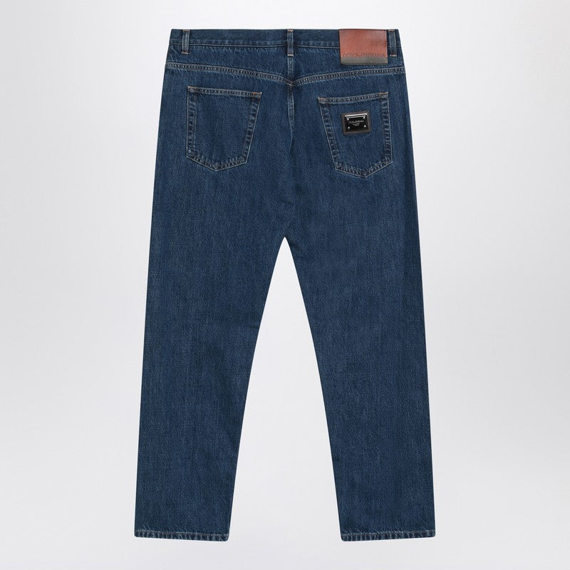 Blue denim jeans with logo tag