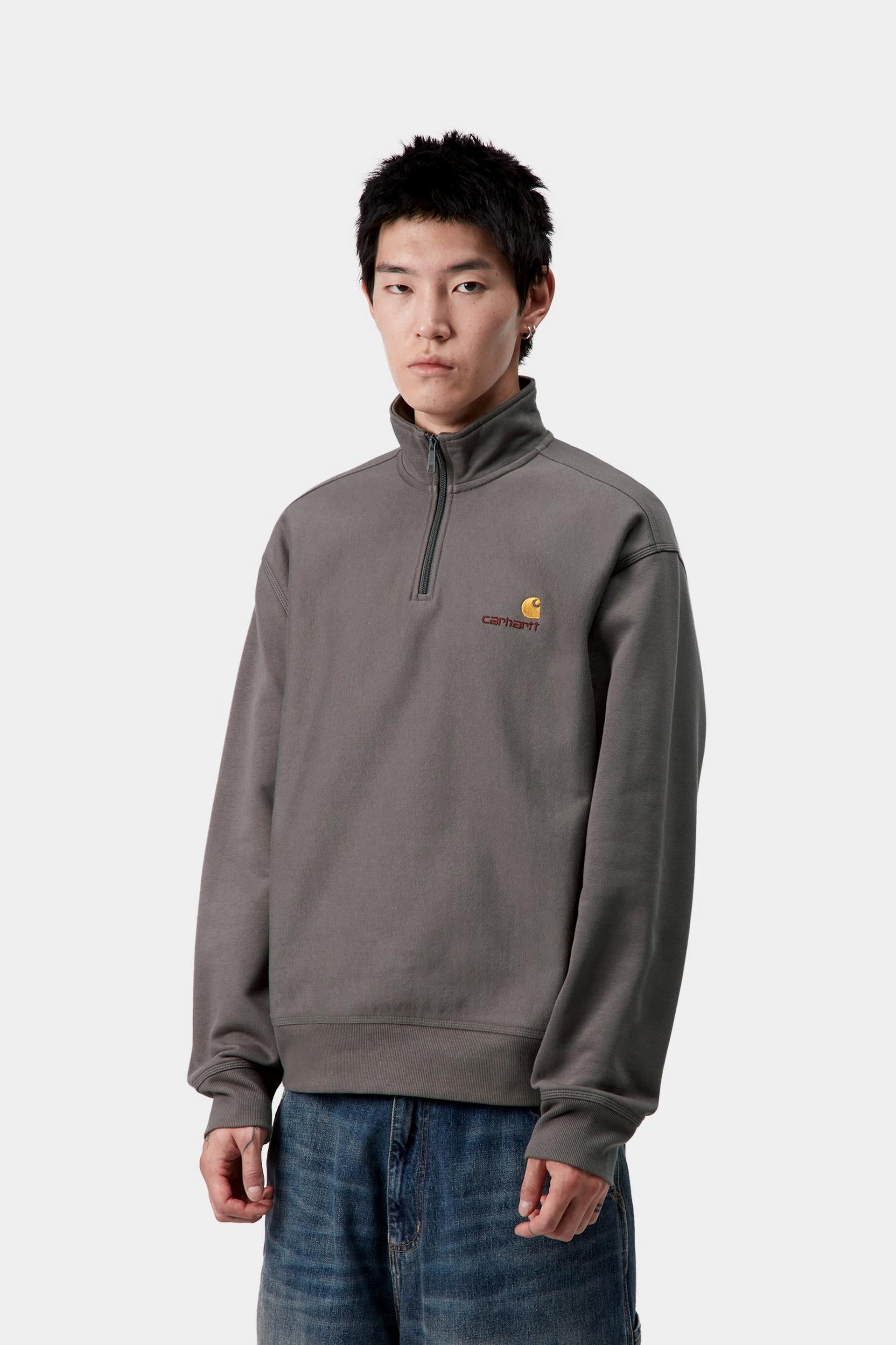 Carhartt WIP Mens Half Zip American Script Sweat Top | Porphyry