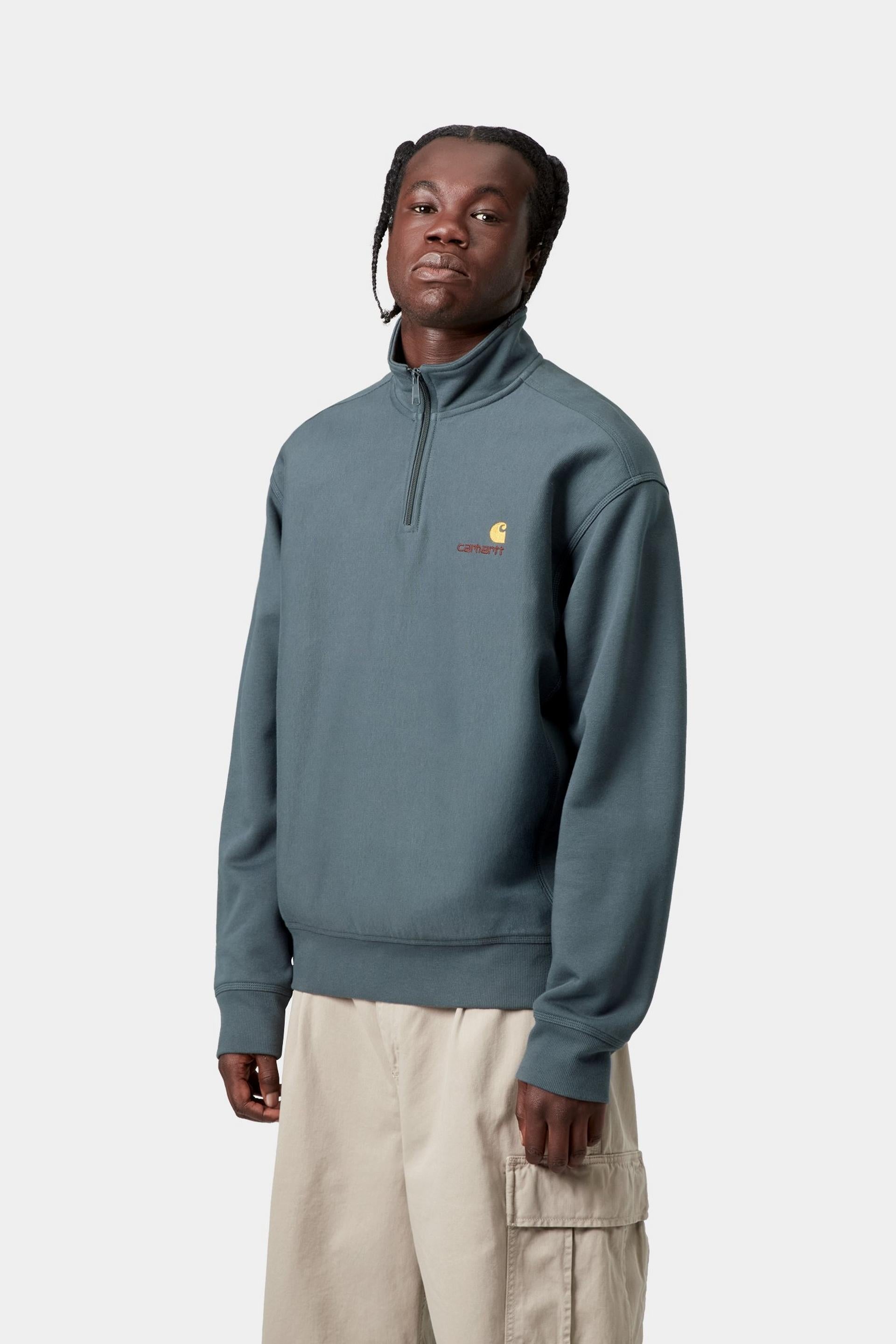 Carhartt WIP Mens Half Zip American Script Sweat Top | Office Blue