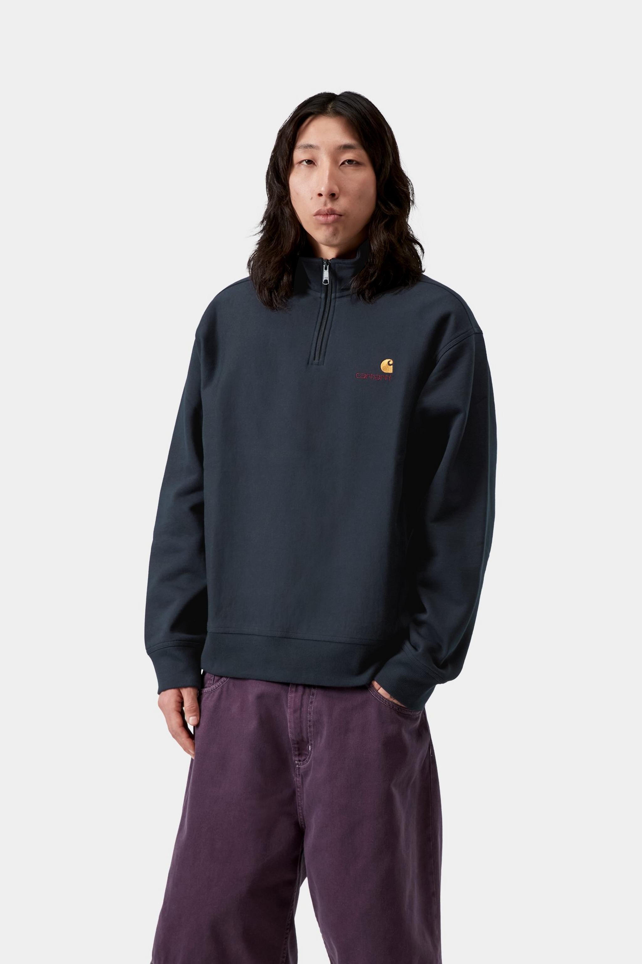Carhartt WIP Mens Half Zip American Script Sweat Top | Deep Night