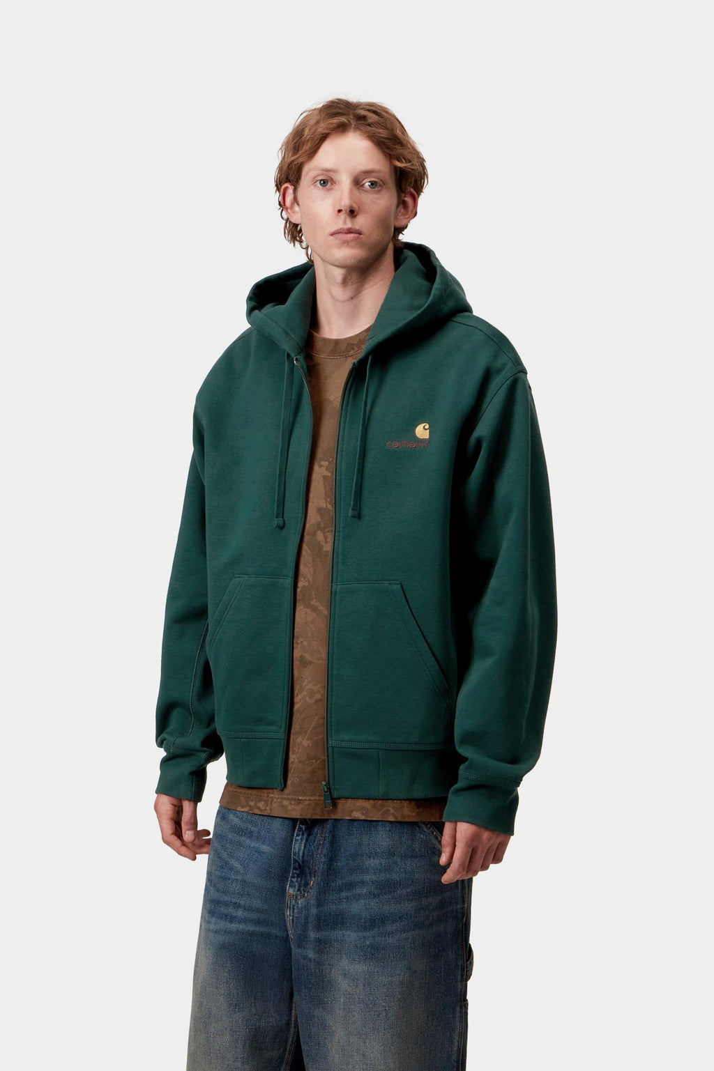Carhartt WIP Mens American Script Zip Front Jacket Hoodie | Dark Fir