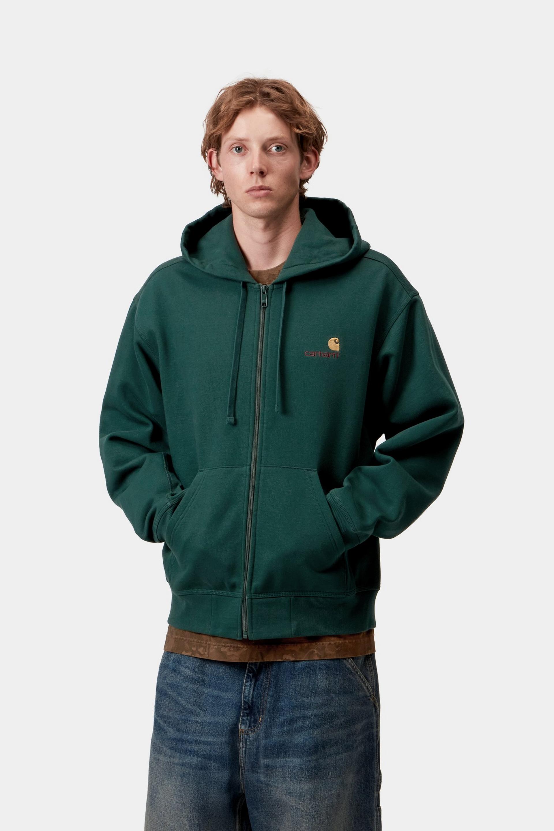 Carhartt WIP Mens American Script Zip Front Jacket Hoodie | Dark Fir