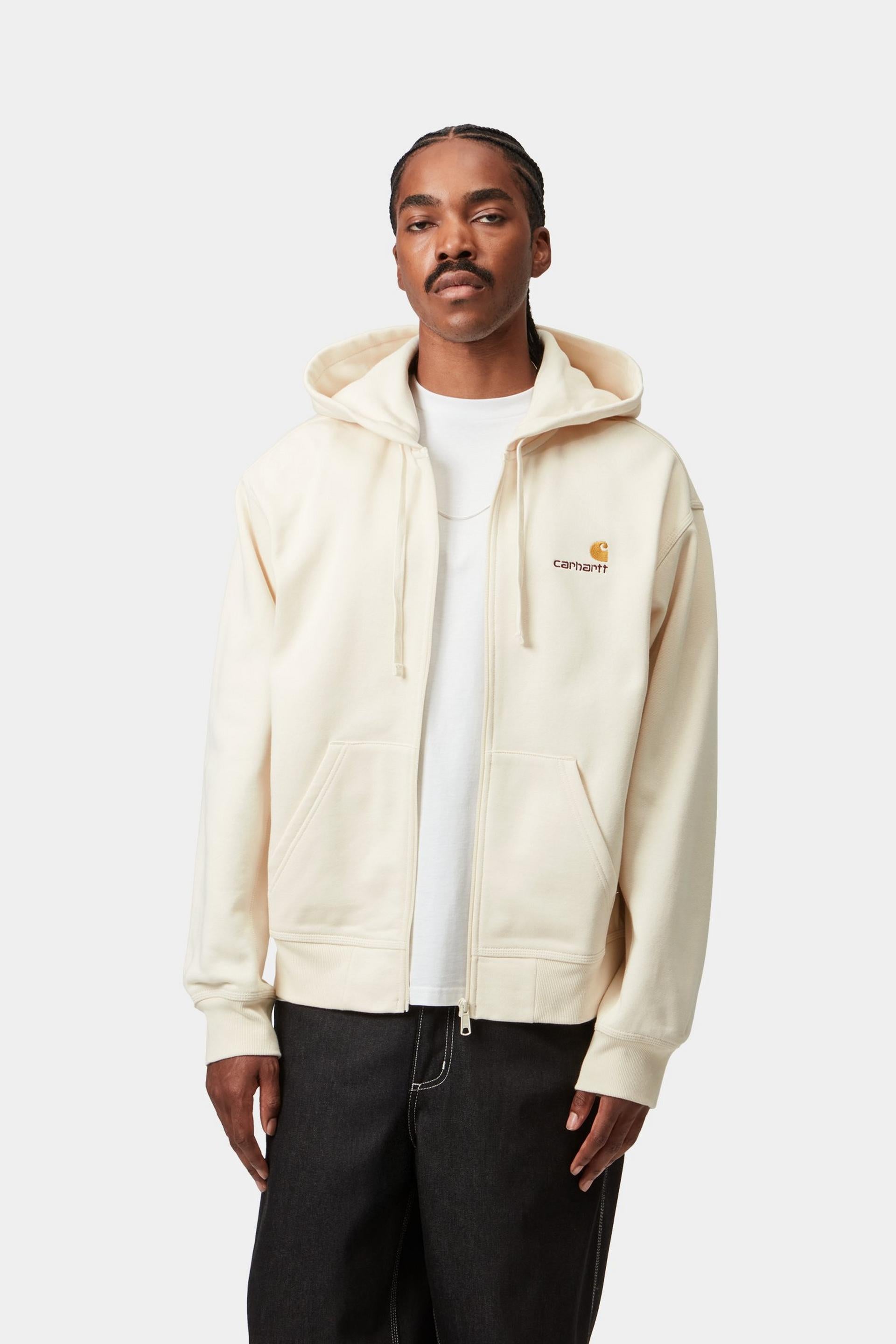 Carhartt WIP Mens American Script Zip Front Jacket Hoodie | Natural
