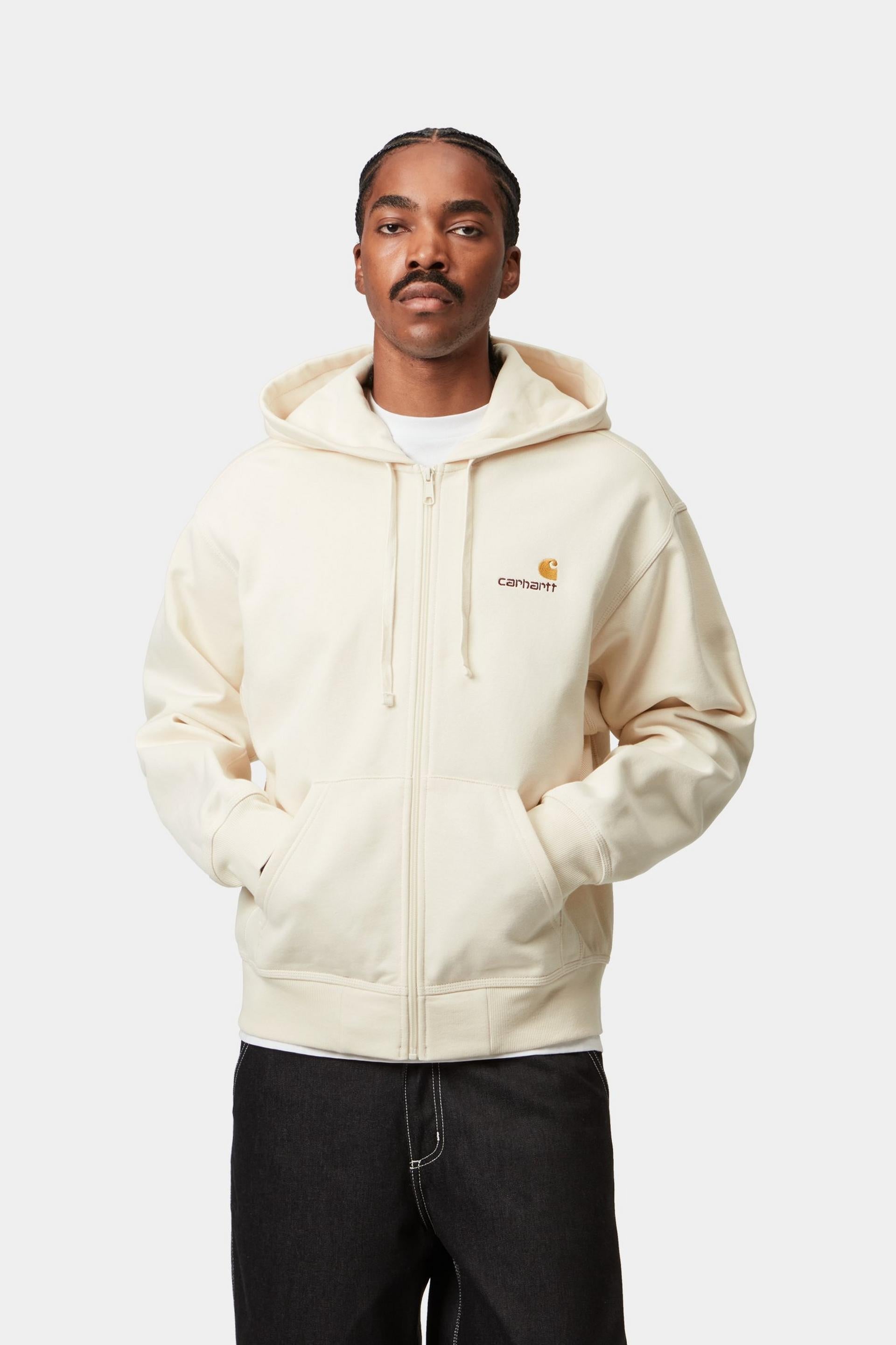 Carhartt WIP Mens American Script Zip Front Jacket Hoodie | Natural