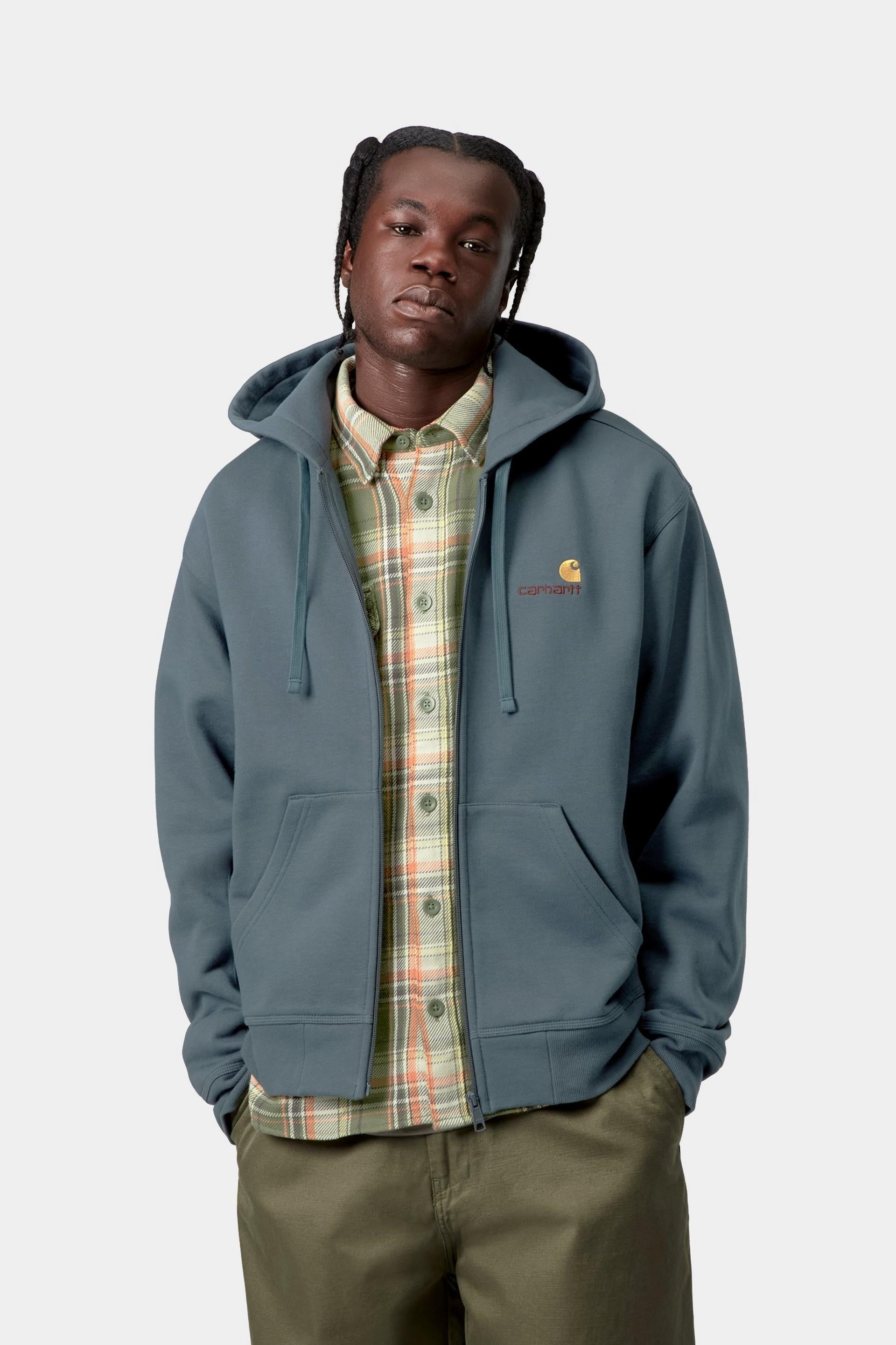 Carhartt WIP Mens American Script Zip Front Jacket Hoodie | Office Blue