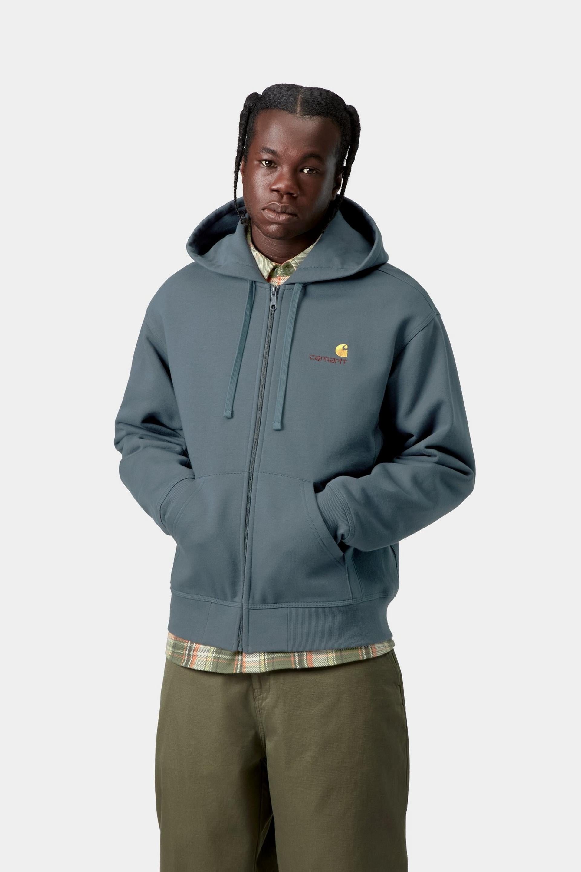 Carhartt WIP Mens American Script Zip Front Jacket Hoodie | Office Blue