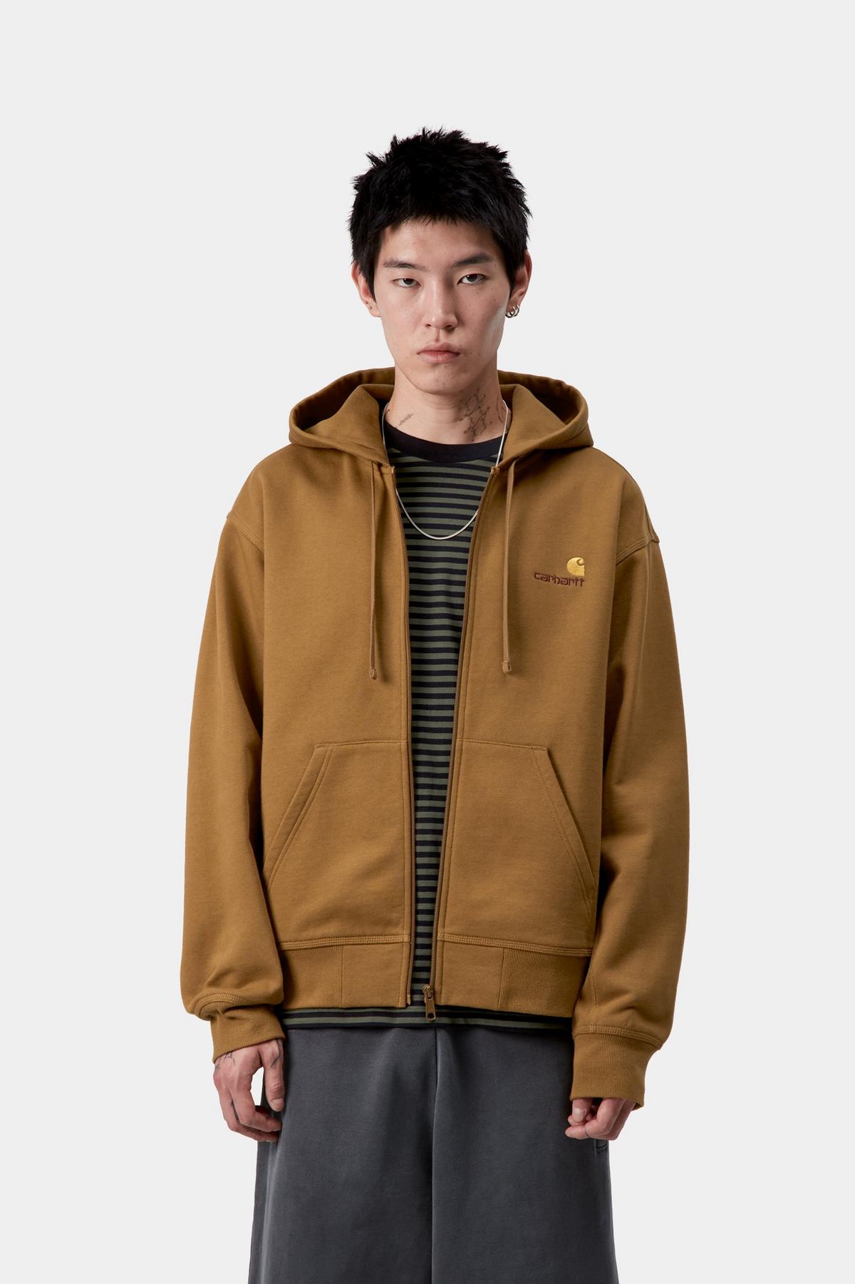 Carhartt WIP Mens American Script Zip Front Jacket Hoodie | Hamilton Brown