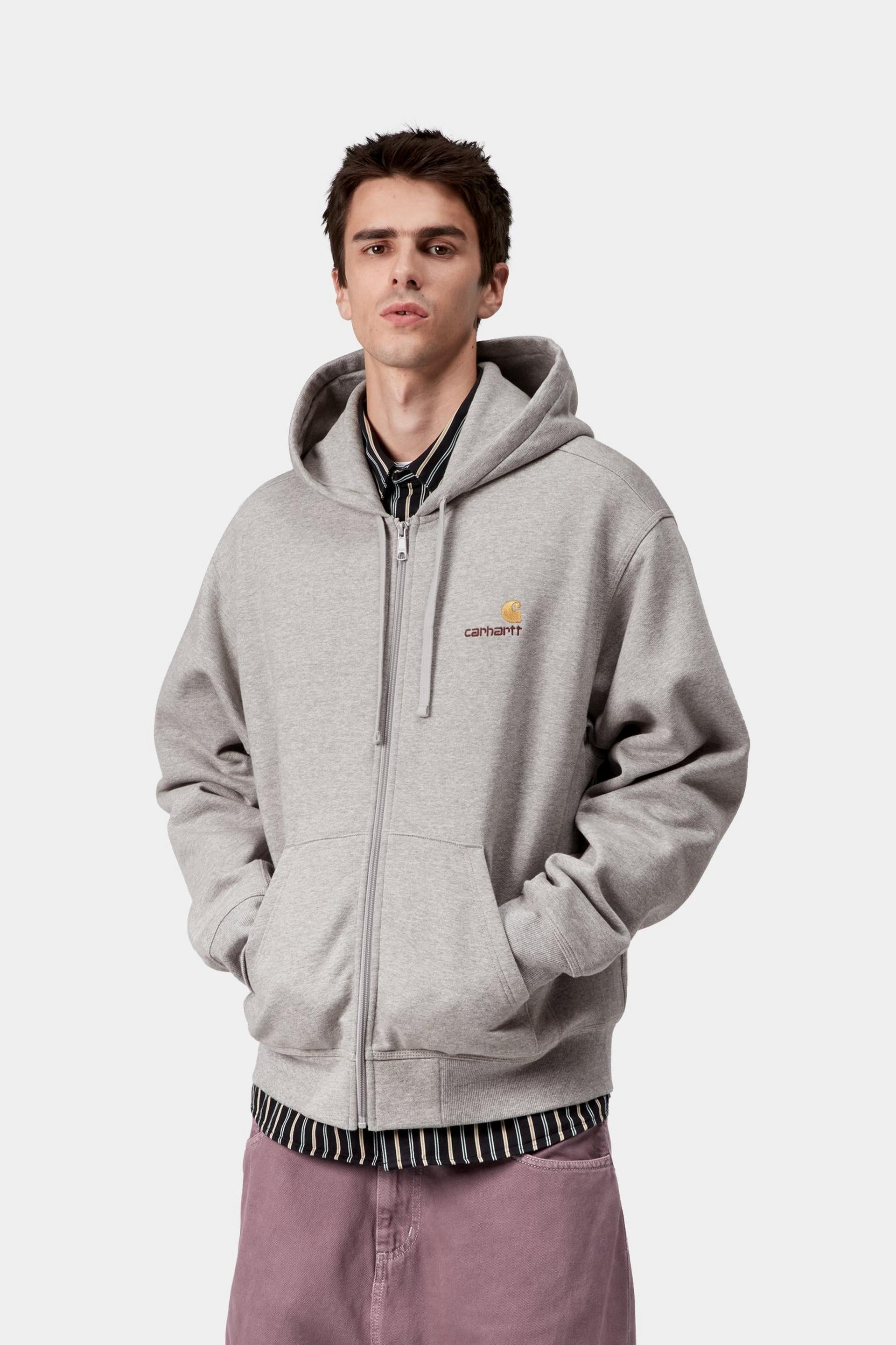 Carhartt WIP Mens American Script Zip Front Jacket Hoodie | Grey Heather