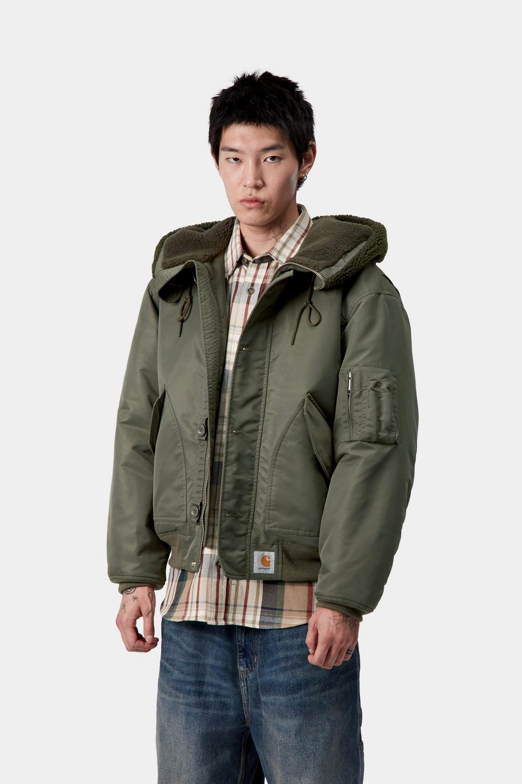 Carhartt WIP Mens Oltera Bomber Hooded Jacket | Cypress / Persimmon