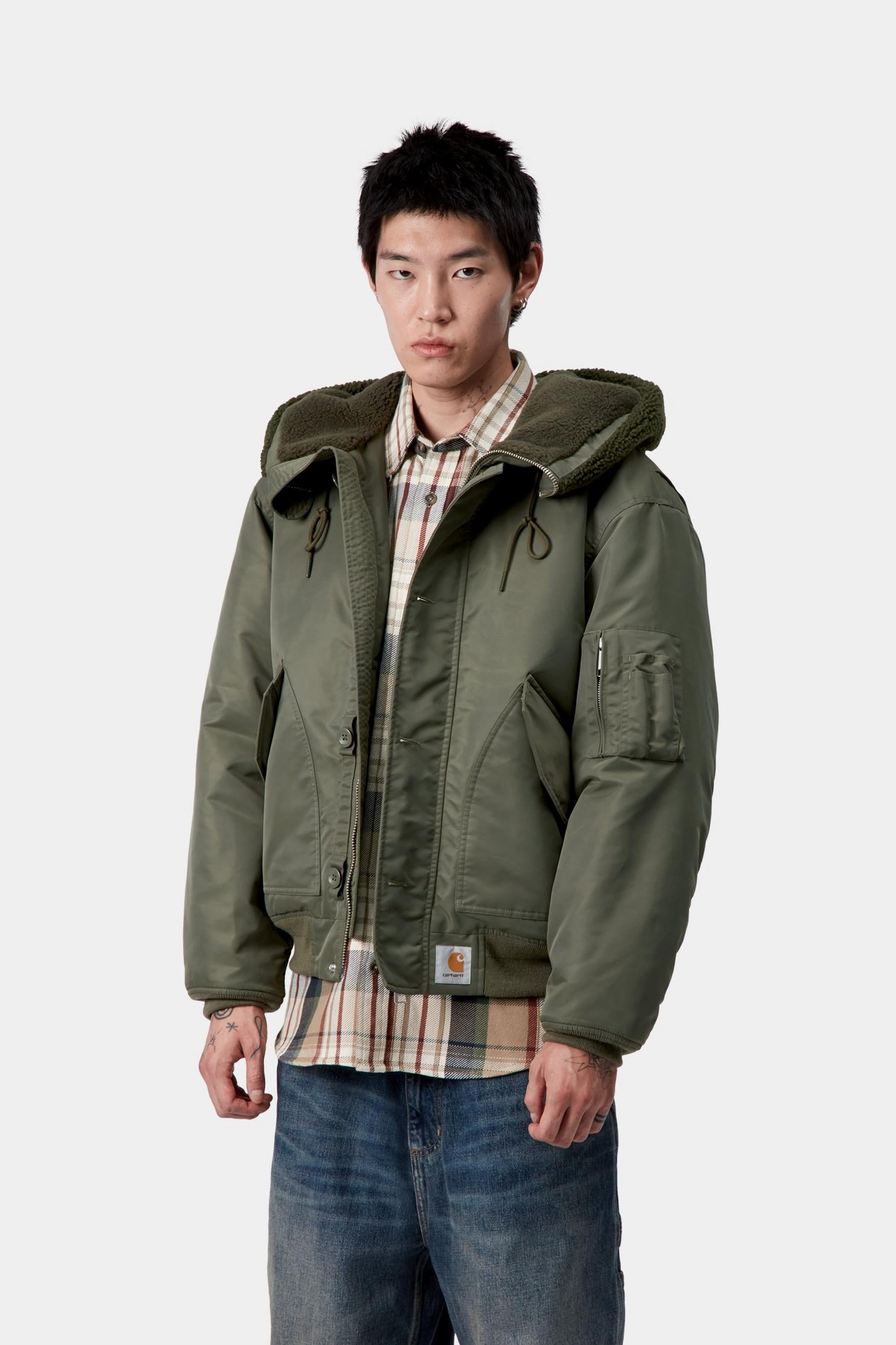 Carhartt WIP Mens Oltera Bomber Hooded Jacket | Cypress / Persimmon