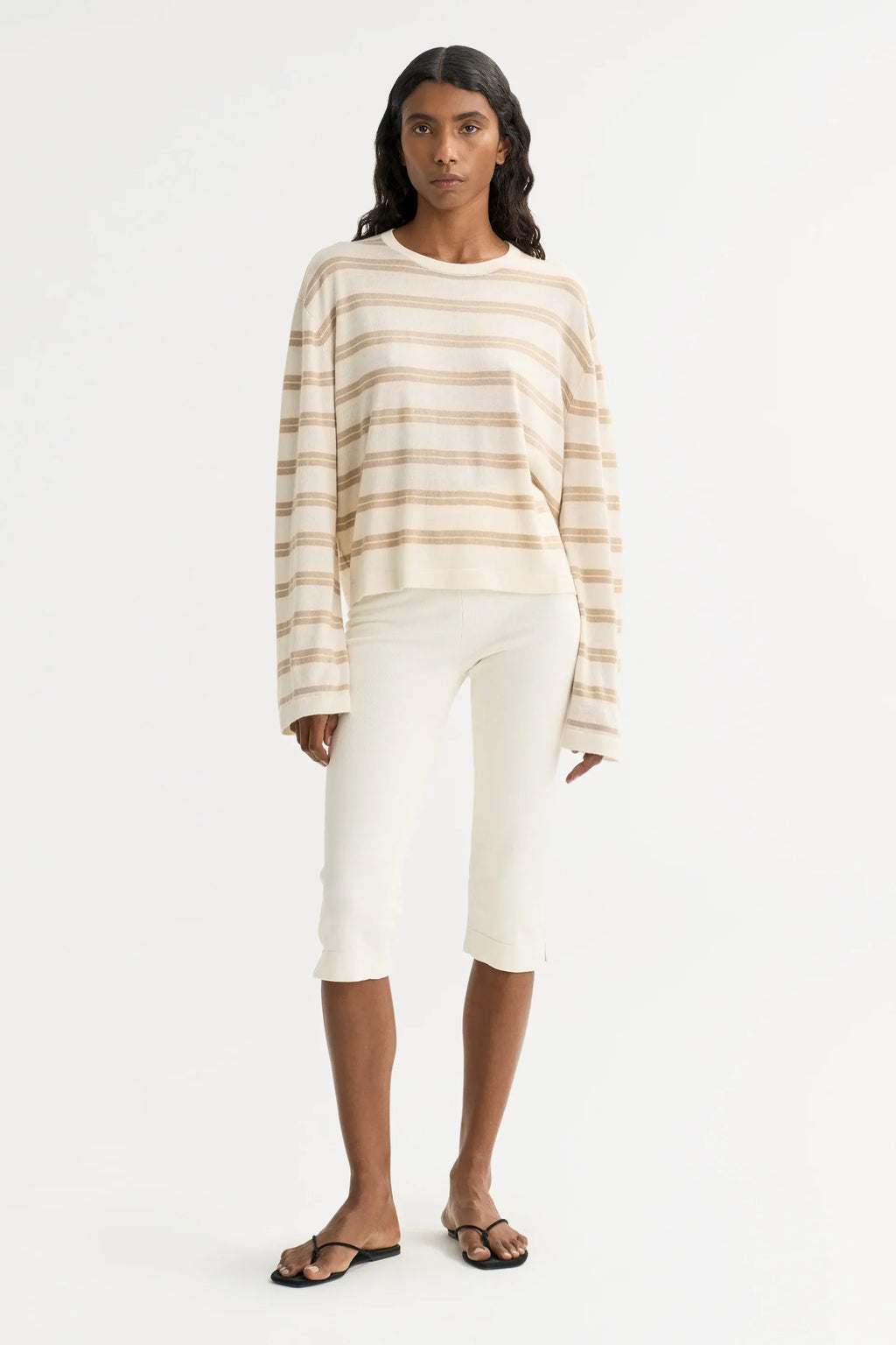 Soft Goat Fine Knit Striped Crewneck