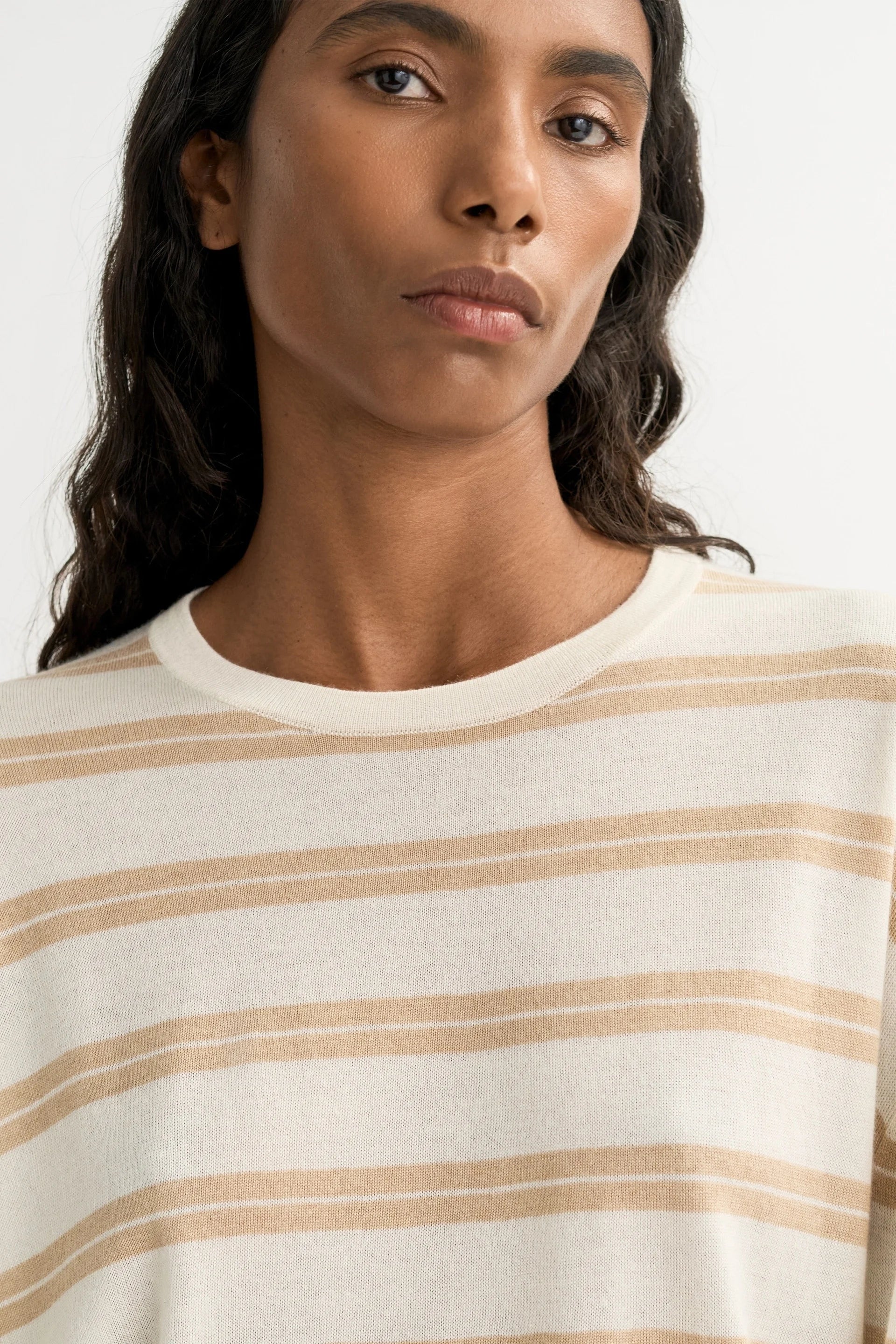 Soft Goat Fine Knit Striped Crewneck