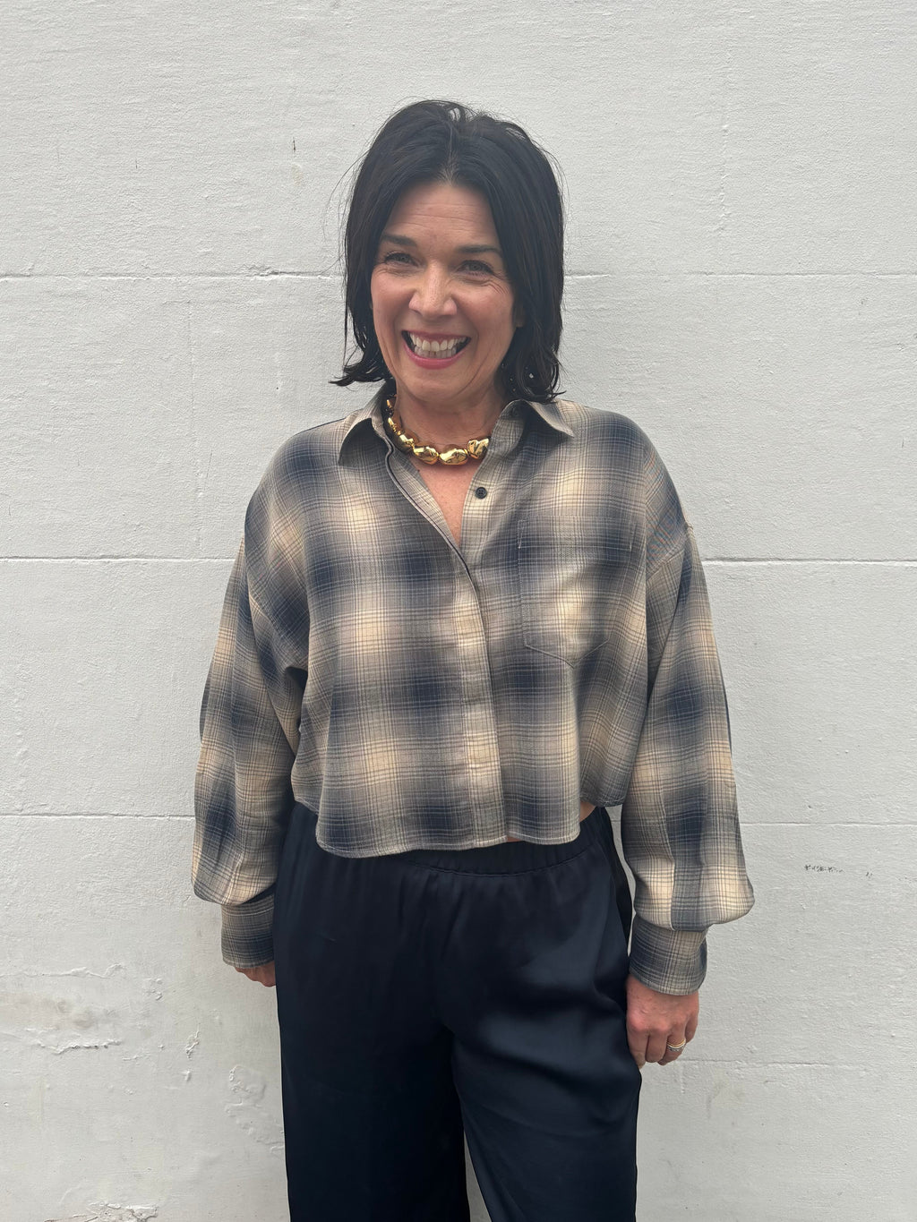 Rag & Bone Marin Cropped Plaid Shirt in Navy