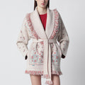 Beige/coral bandana jacquard cardigan