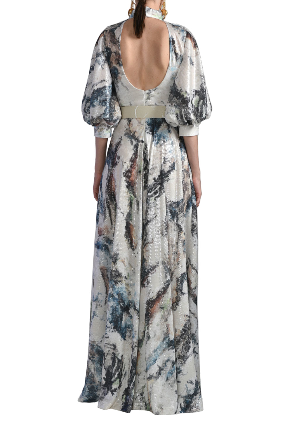 PRINTED SEQUIN FLARED DRESS