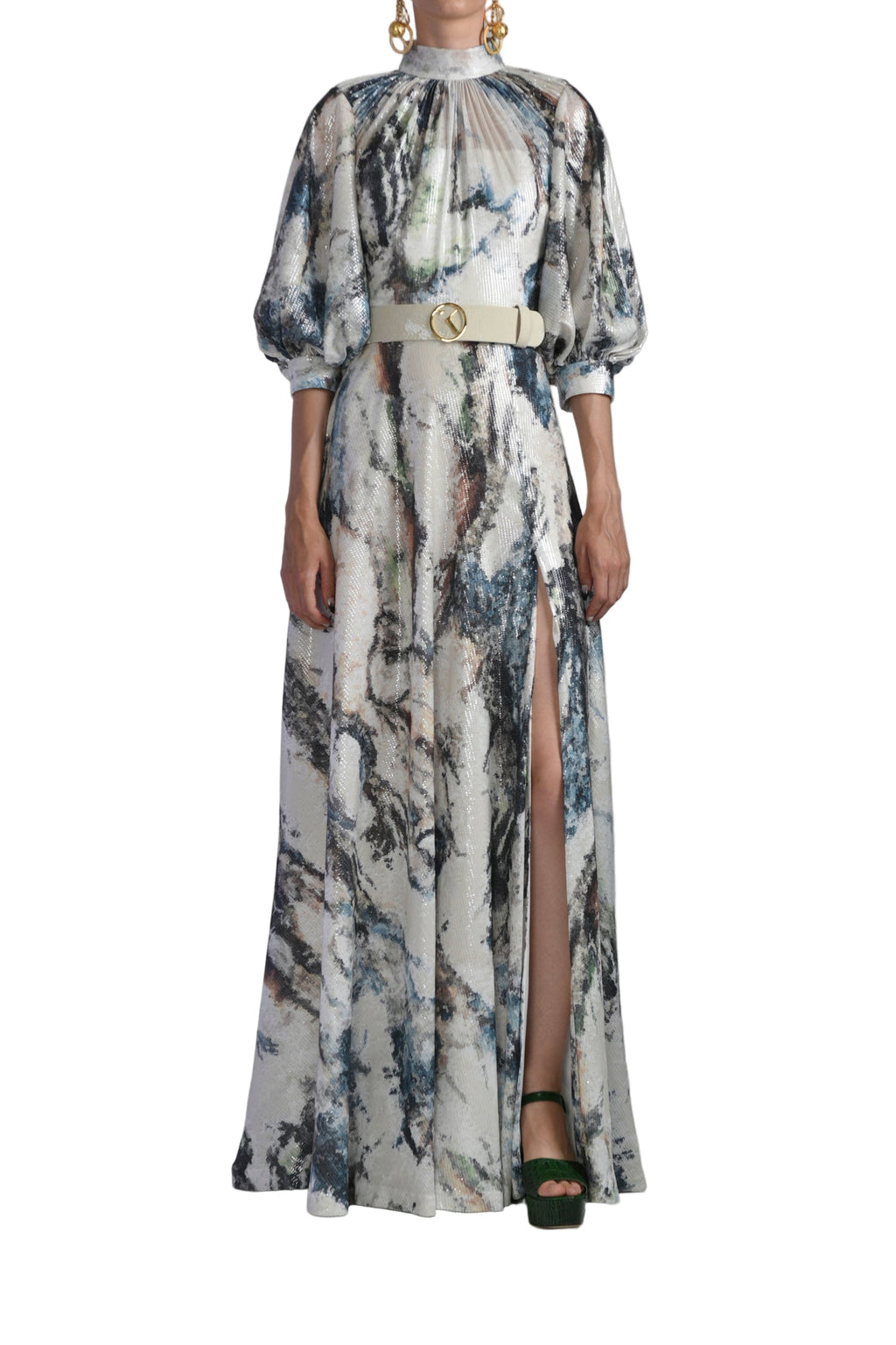 PRINTED SEQUIN FLARED DRESS