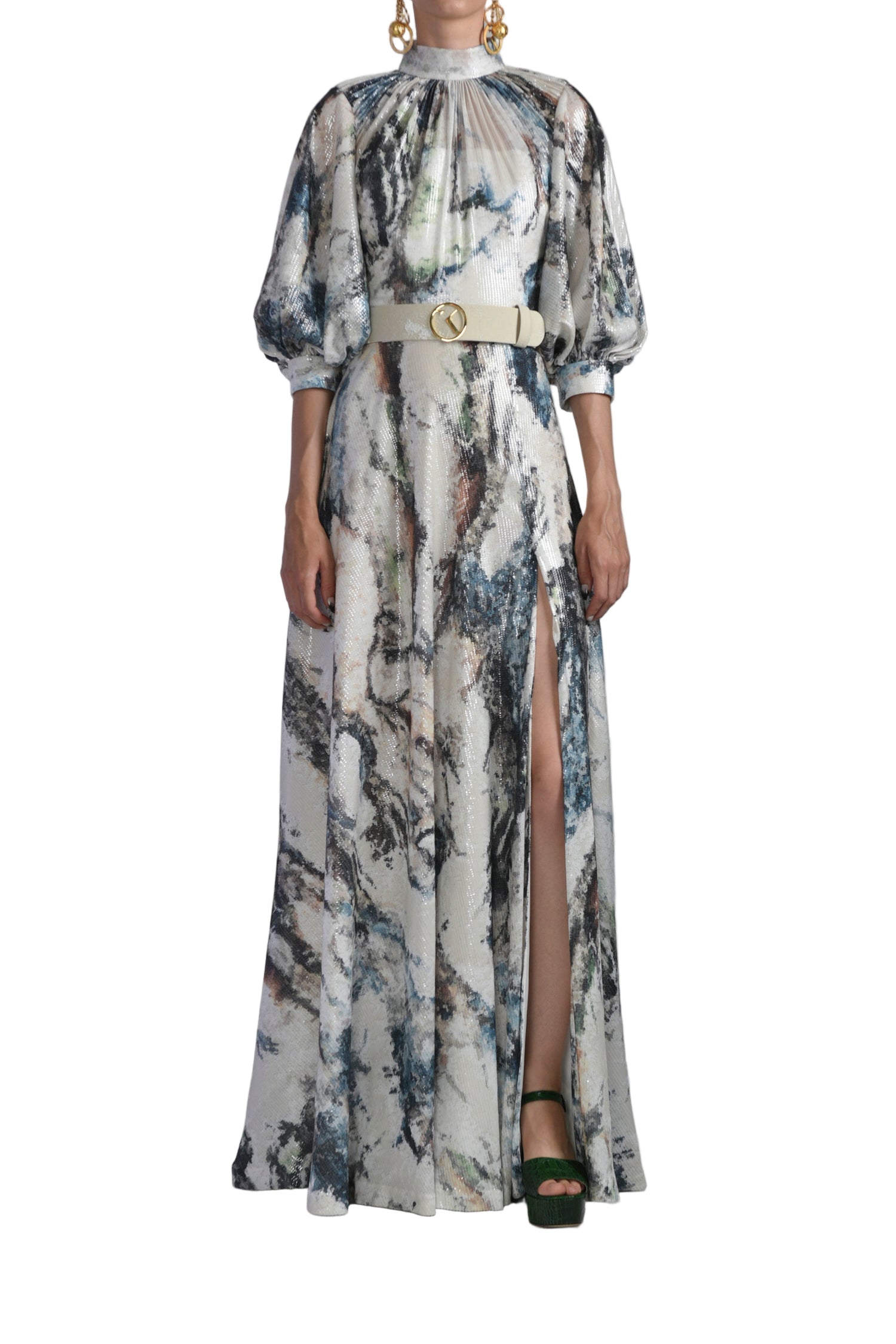 PRINTED SEQUIN FLARED DRESS