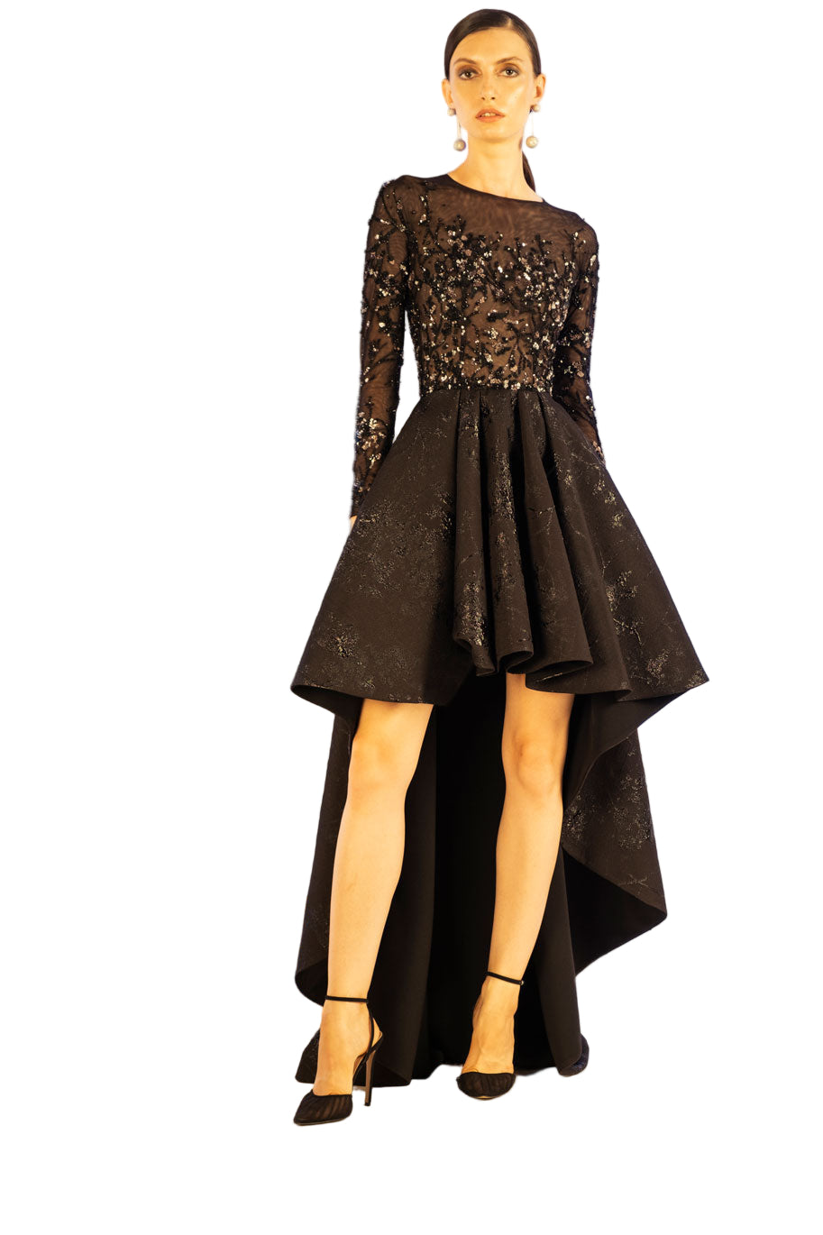HIGH-LOW BROCADE BEADED DRESS