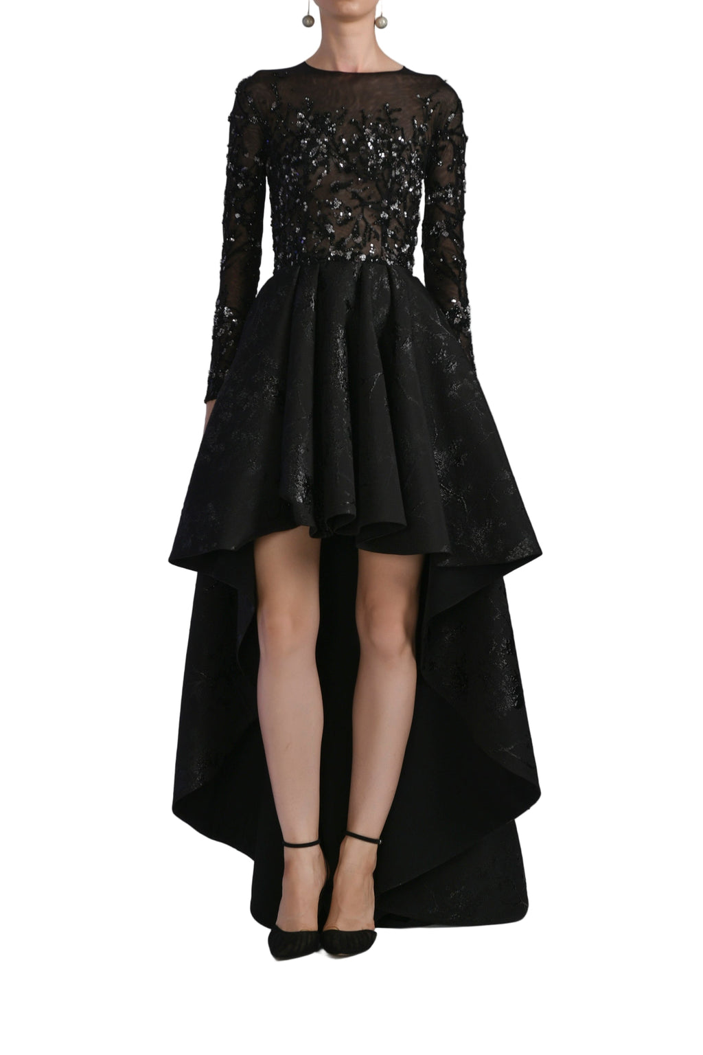 HIGH-LOW BROCADE BEADED DRESS