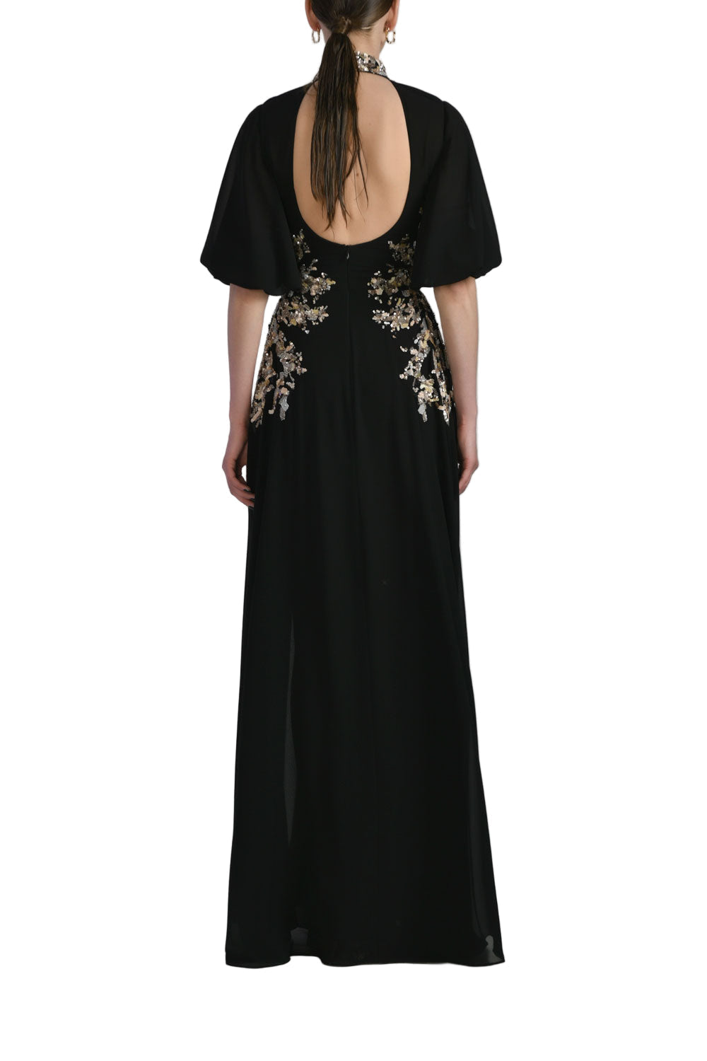 LONG CREPE GEORGETTE BEADED DRESS