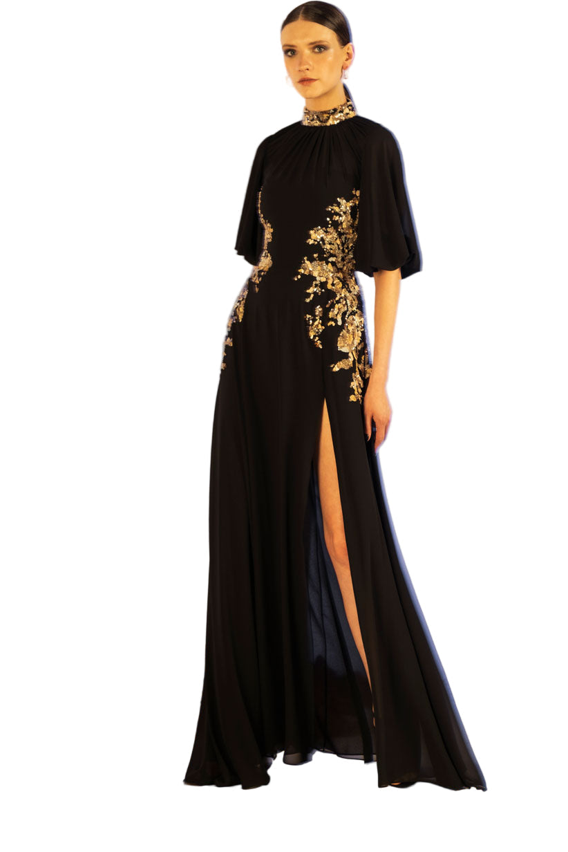LONG CREPE GEORGETTE BEADED DRESS