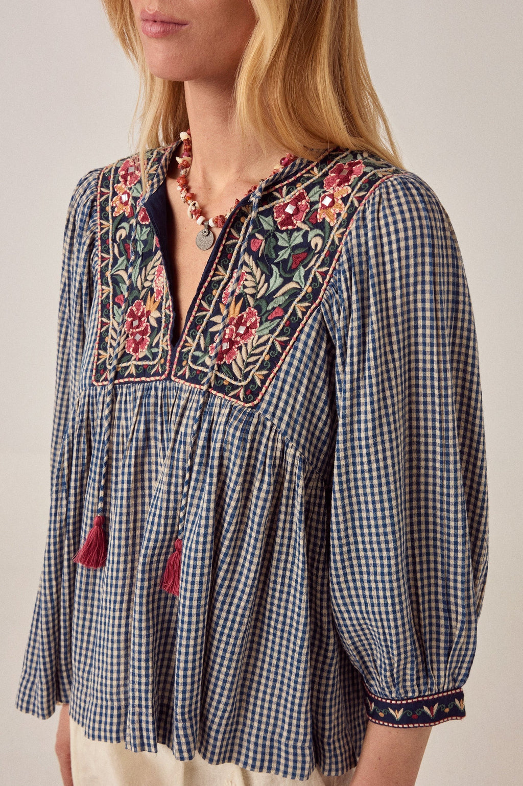 Maison Hotel April Gingham Bloom Top in Picnic Blue