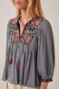 Maison Hotel April Gingham Bloom Top in Picnic Blue