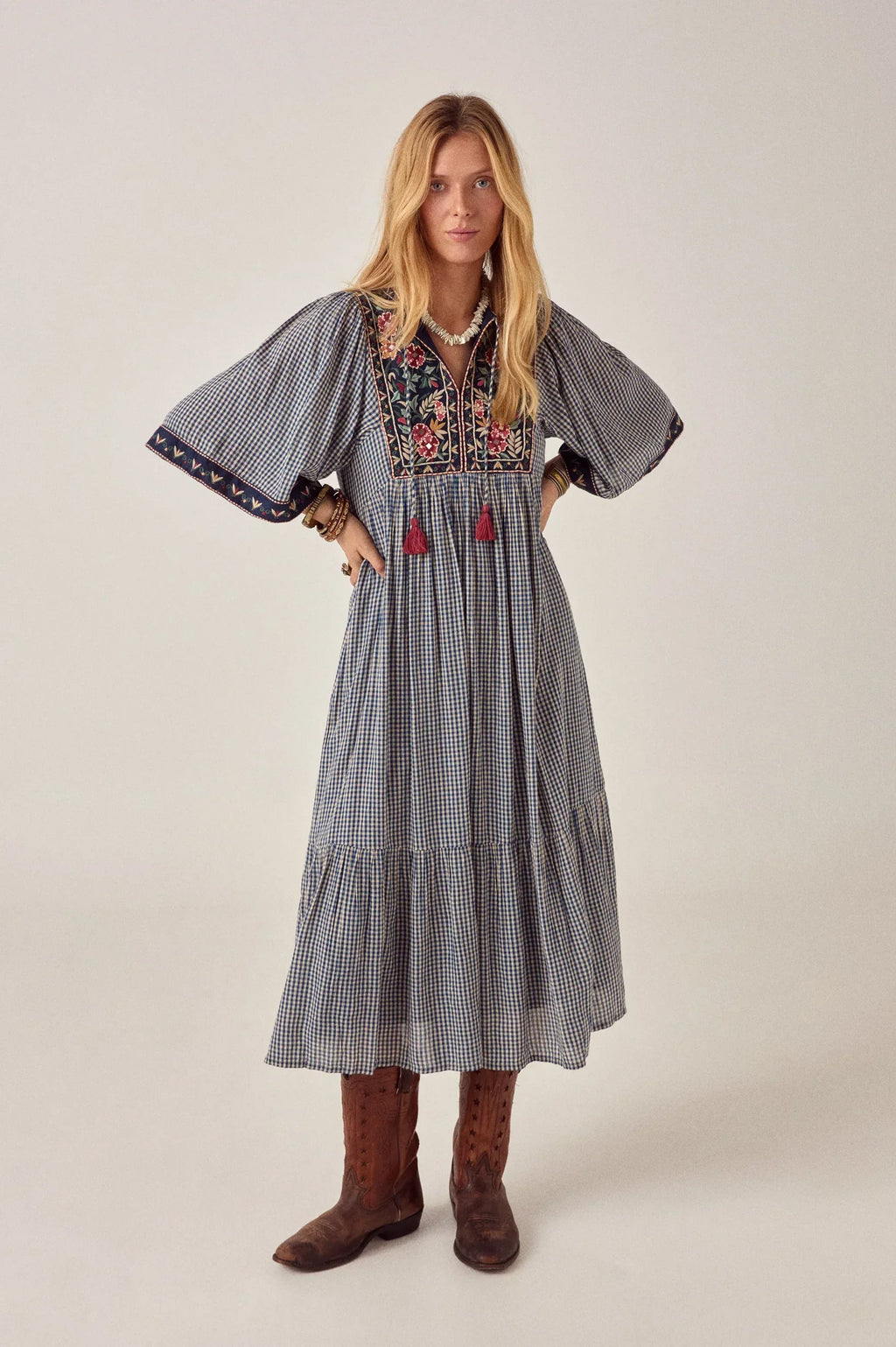 Maison Hotel Augusta Gingham Bloom Dress in  Picnic Blue