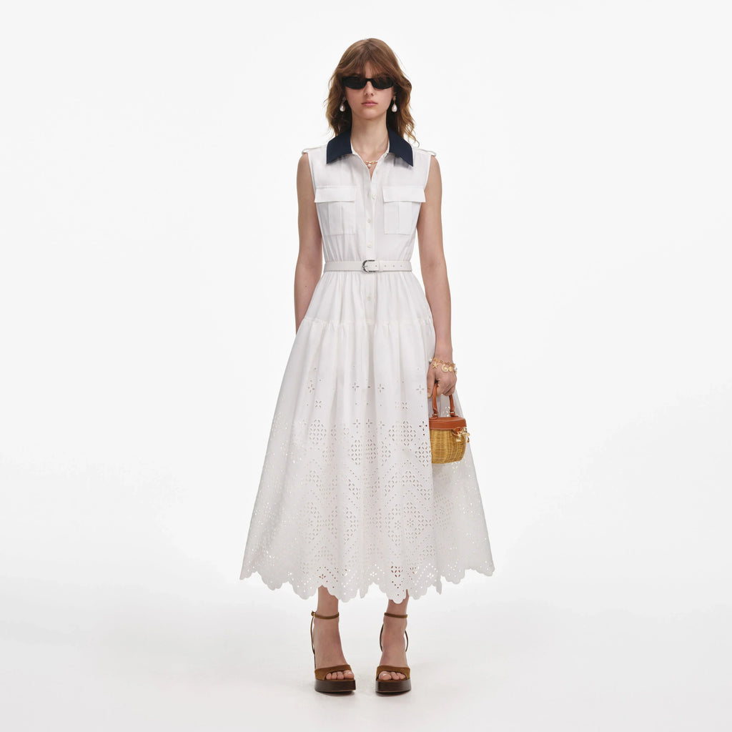 Self Portrait 002 Broderie Midi Dress in White