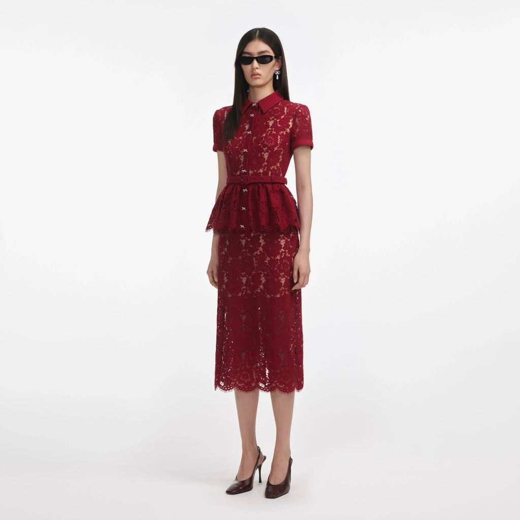 Self Portrait 006 Lace Peplum Dress Midi Dress in Burgundy