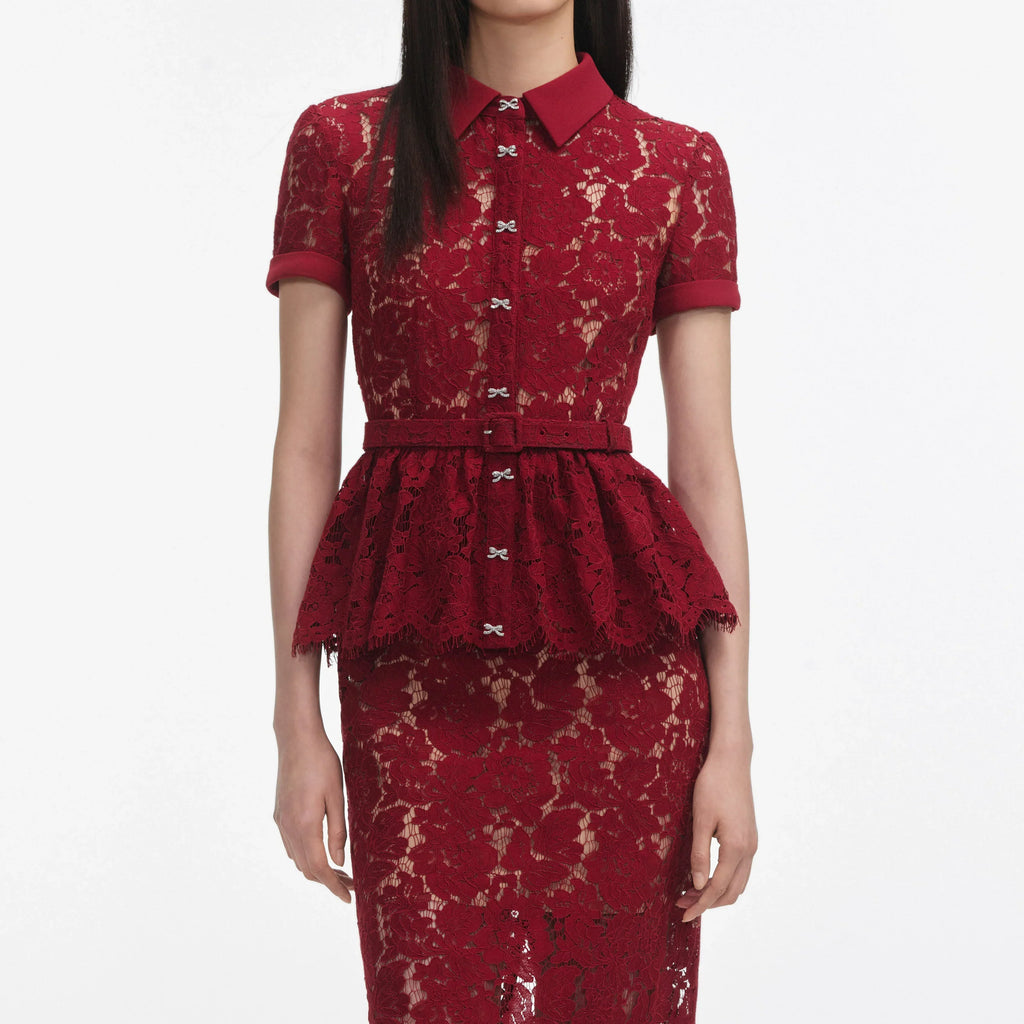 Self Portrait 006 Lace Peplum Dress Midi Dress in Burgundy