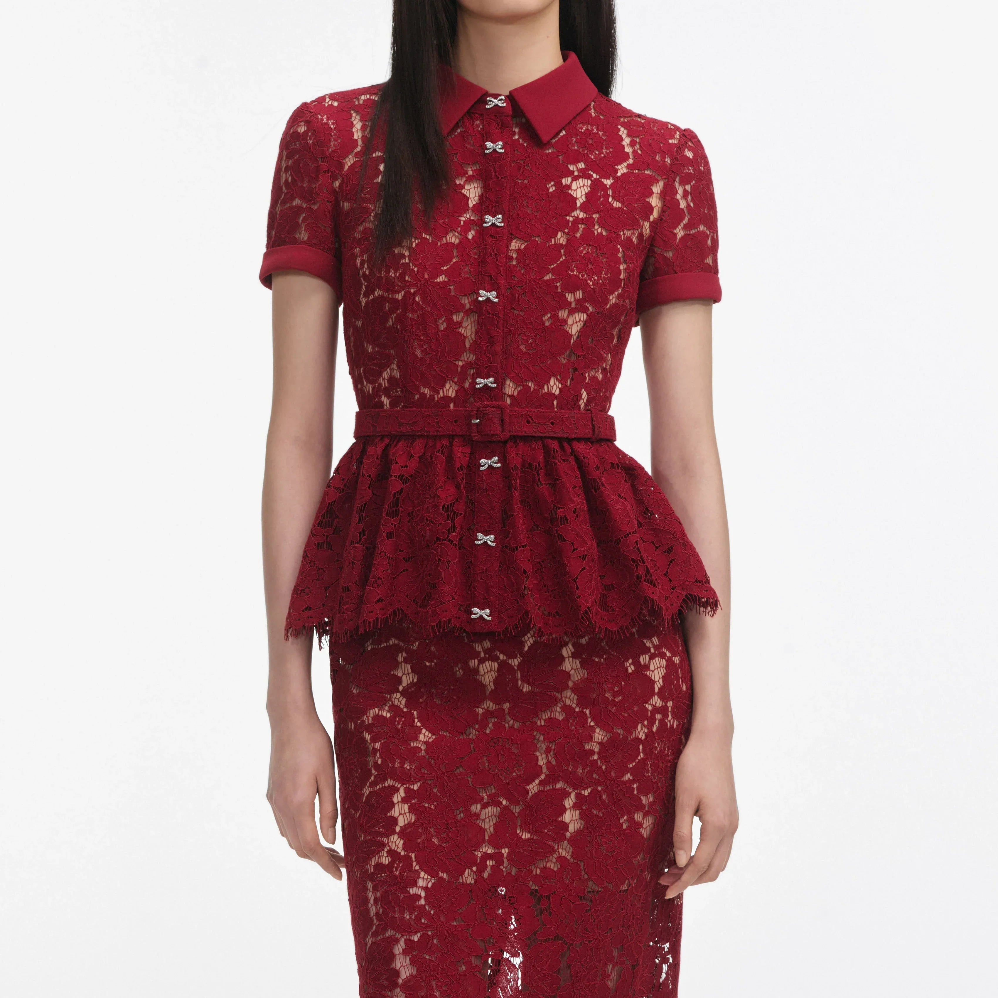 Self Portrait 006 Lace Peplum Dress Midi Dress in Burgundy