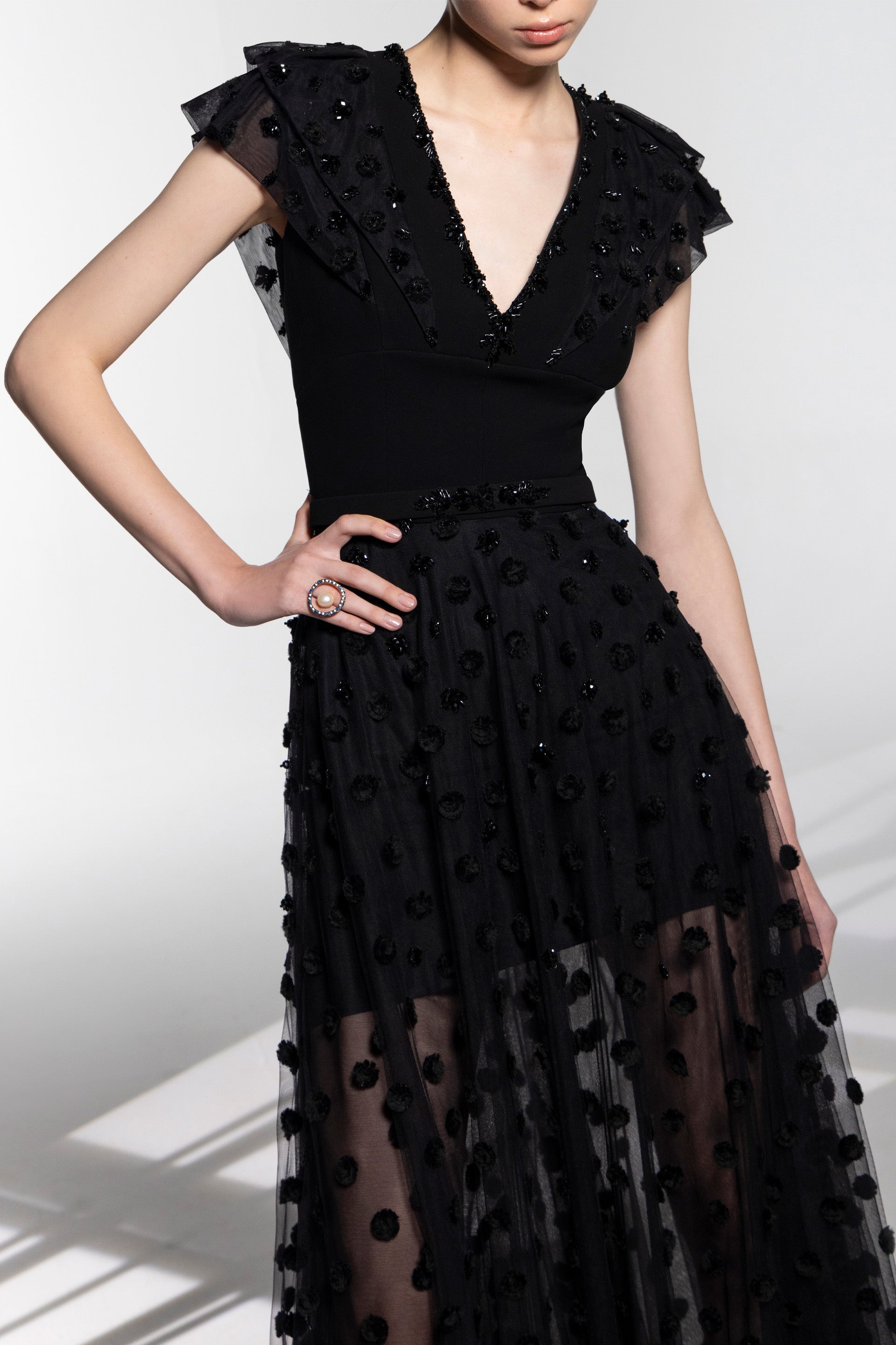Beaded tulle dress with polka dots