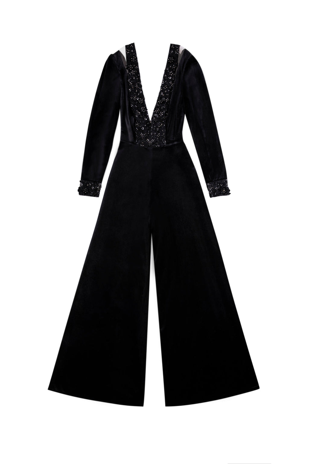 VELVET FLARED JUMPSUIT WITH A BEADED TOP