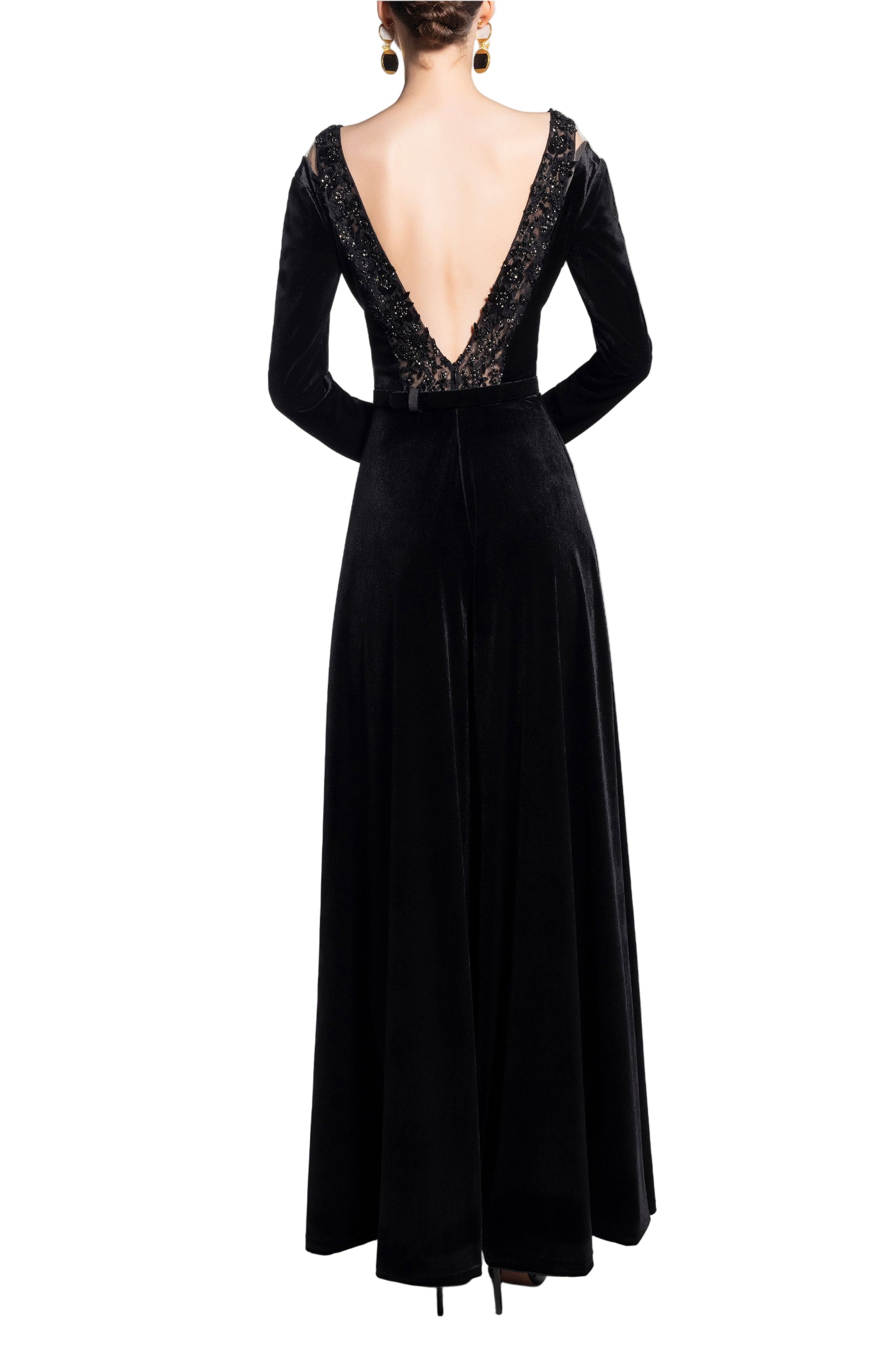 VELVET FLARED JUMPSUIT WITH A BEADED TOP