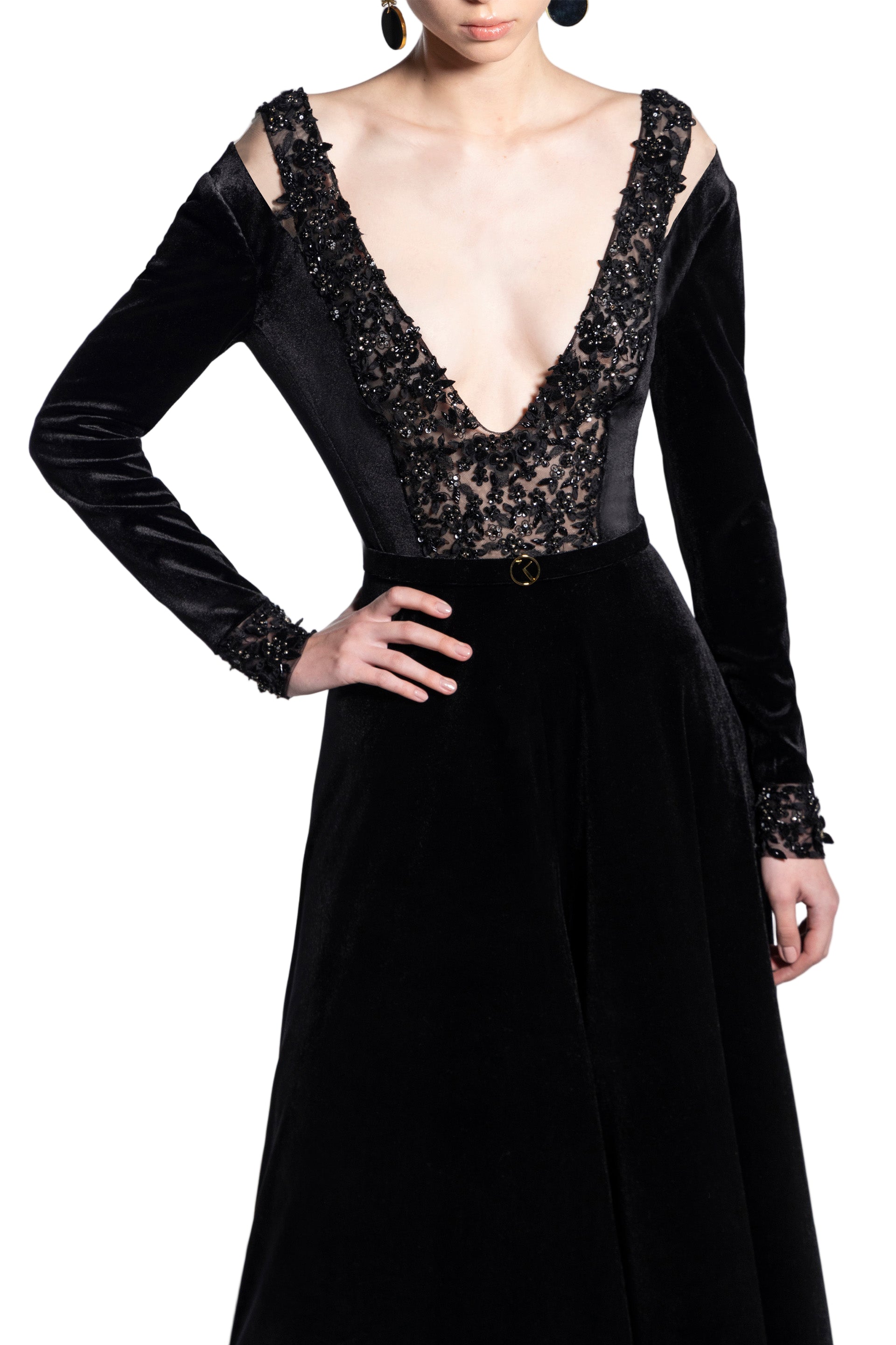VELVET FLARED JUMPSUIT WITH A BEADED TOP