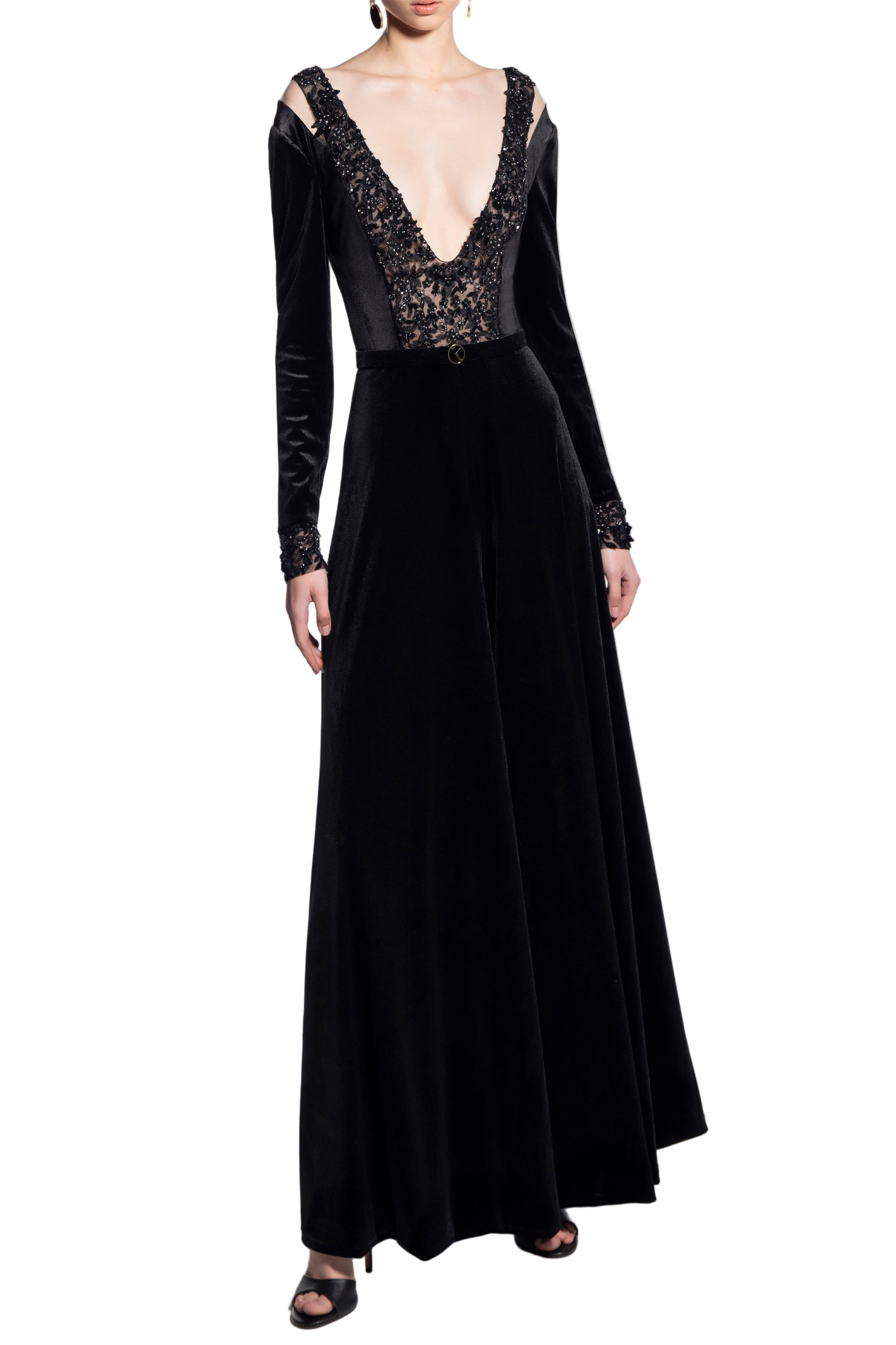 VELVET FLARED JUMPSUIT WITH A BEADED TOP