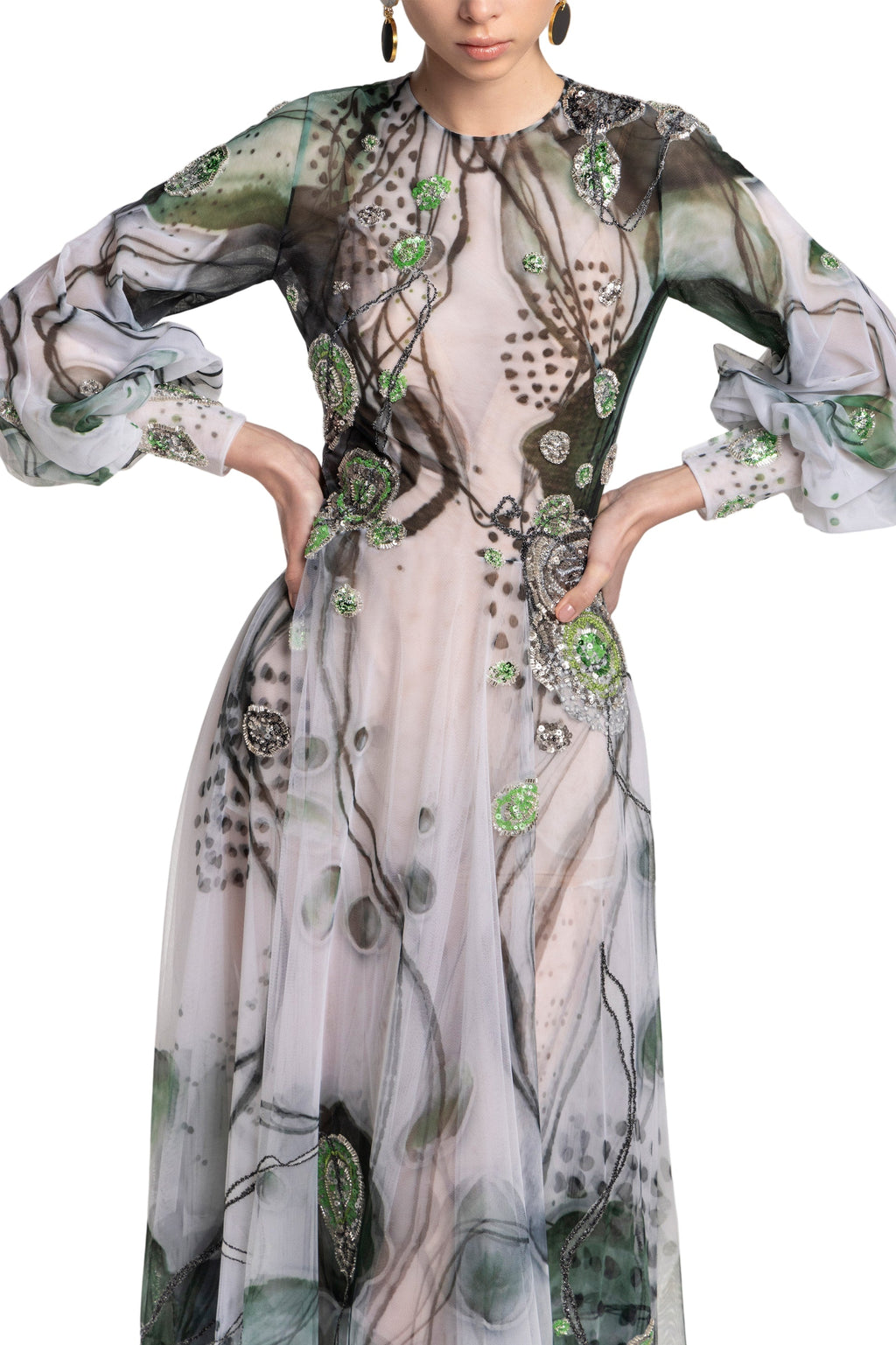 TULLE PRINTED DRESS WITH BEADING