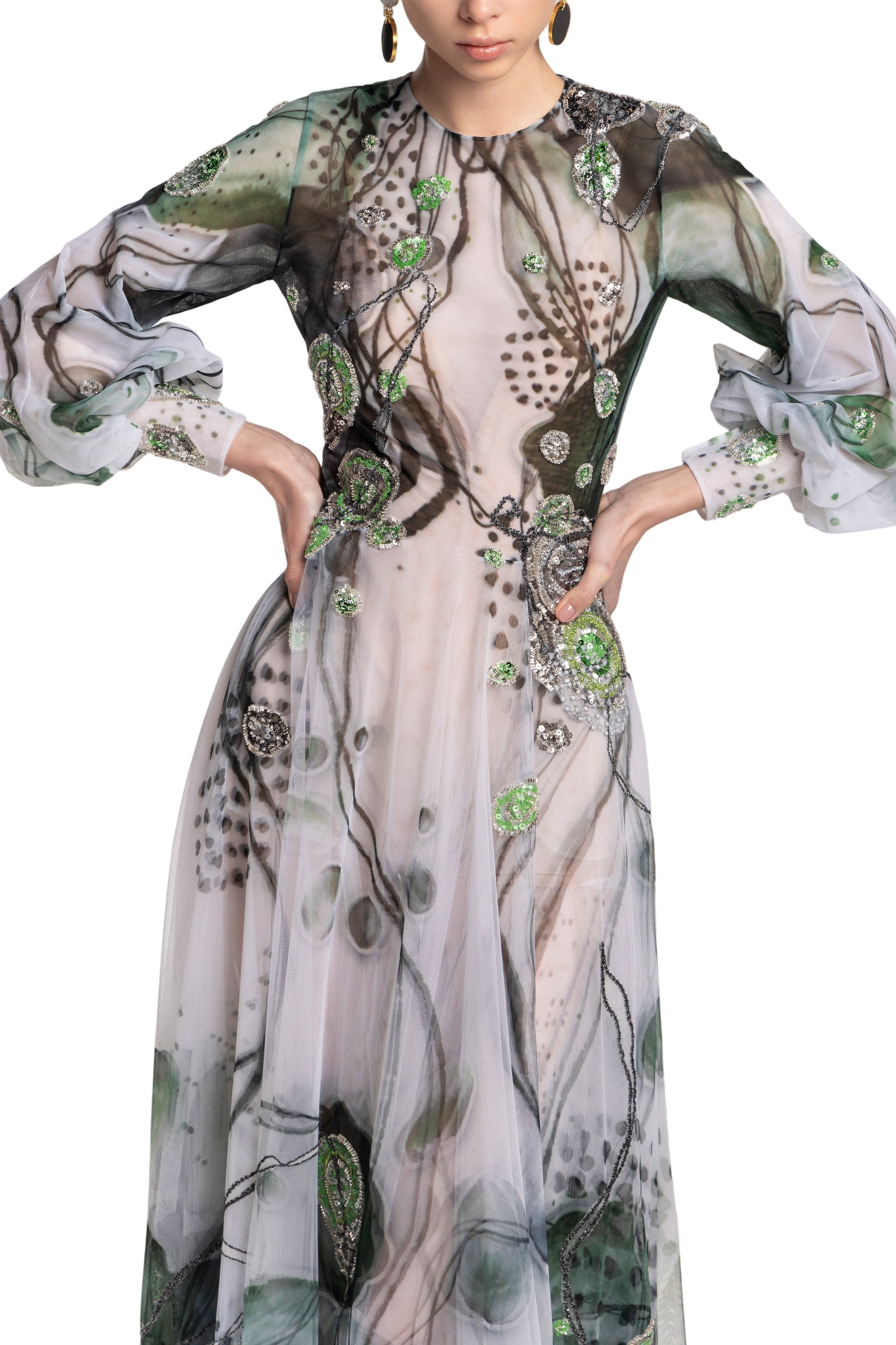 TULLE PRINTED DRESS WITH BEADING