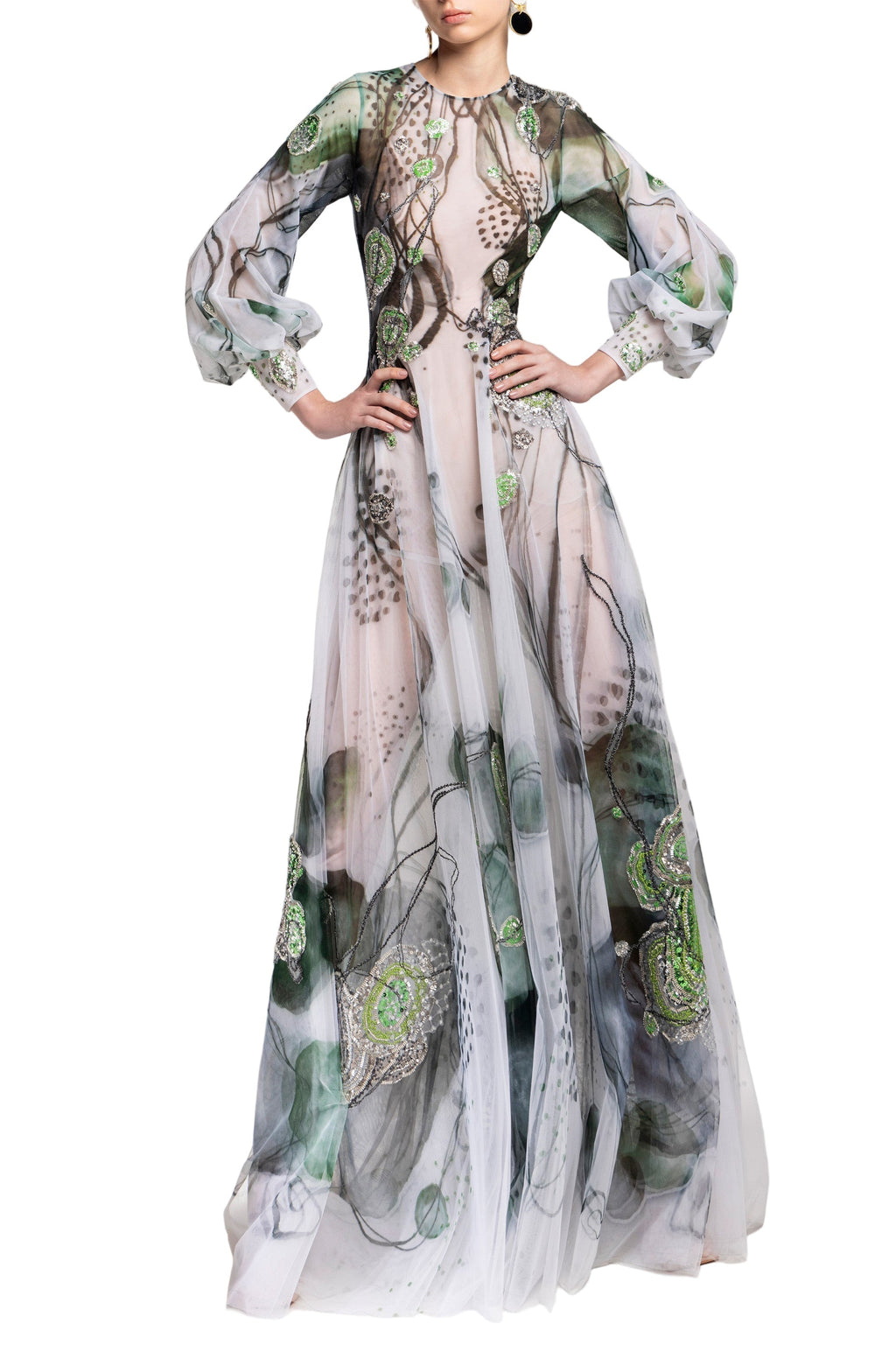 TULLE PRINTED DRESS WITH BEADING