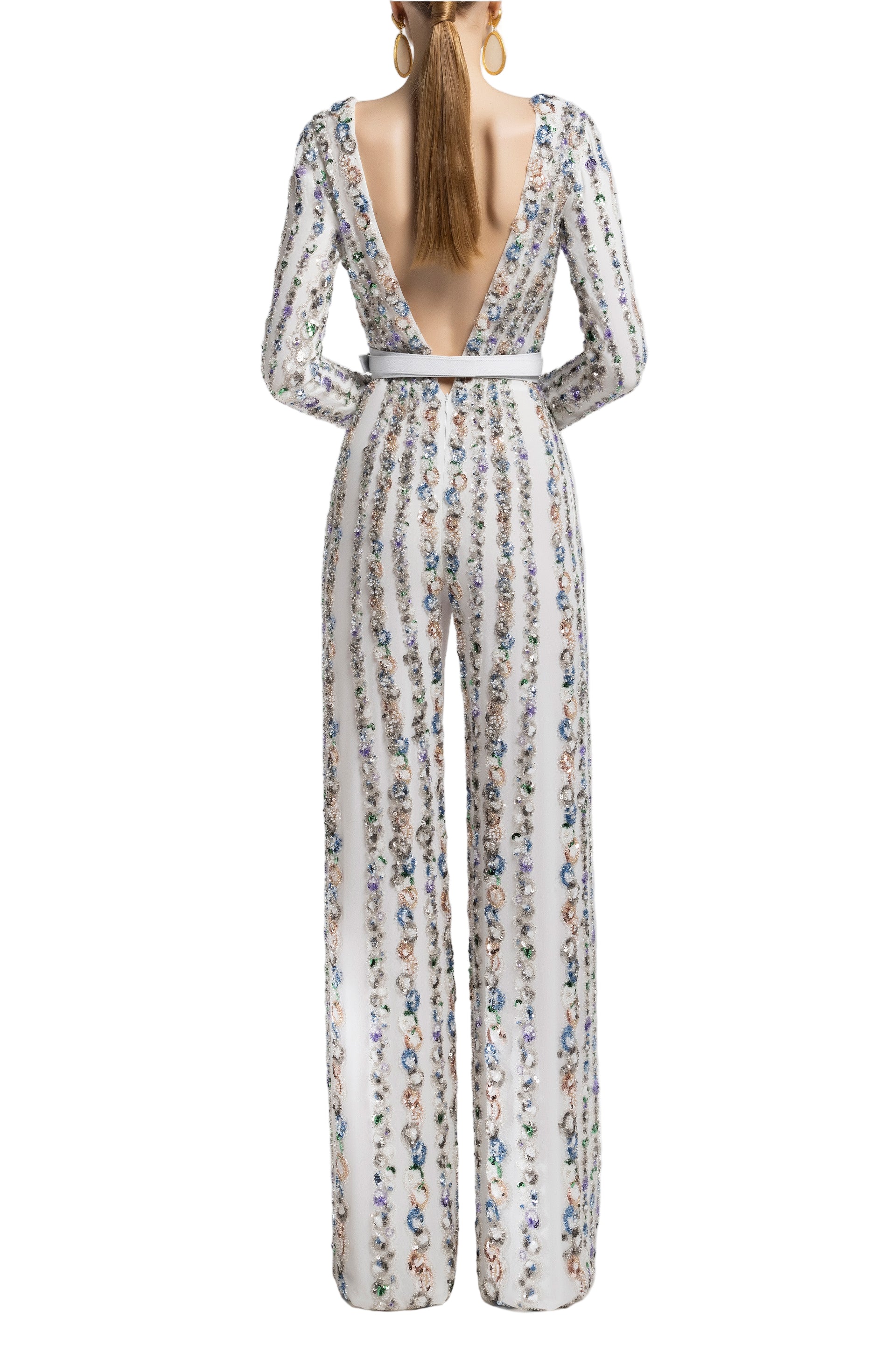 CANTON CREPE BEADED JUMPSUIT WITH A WRAPPED TOP