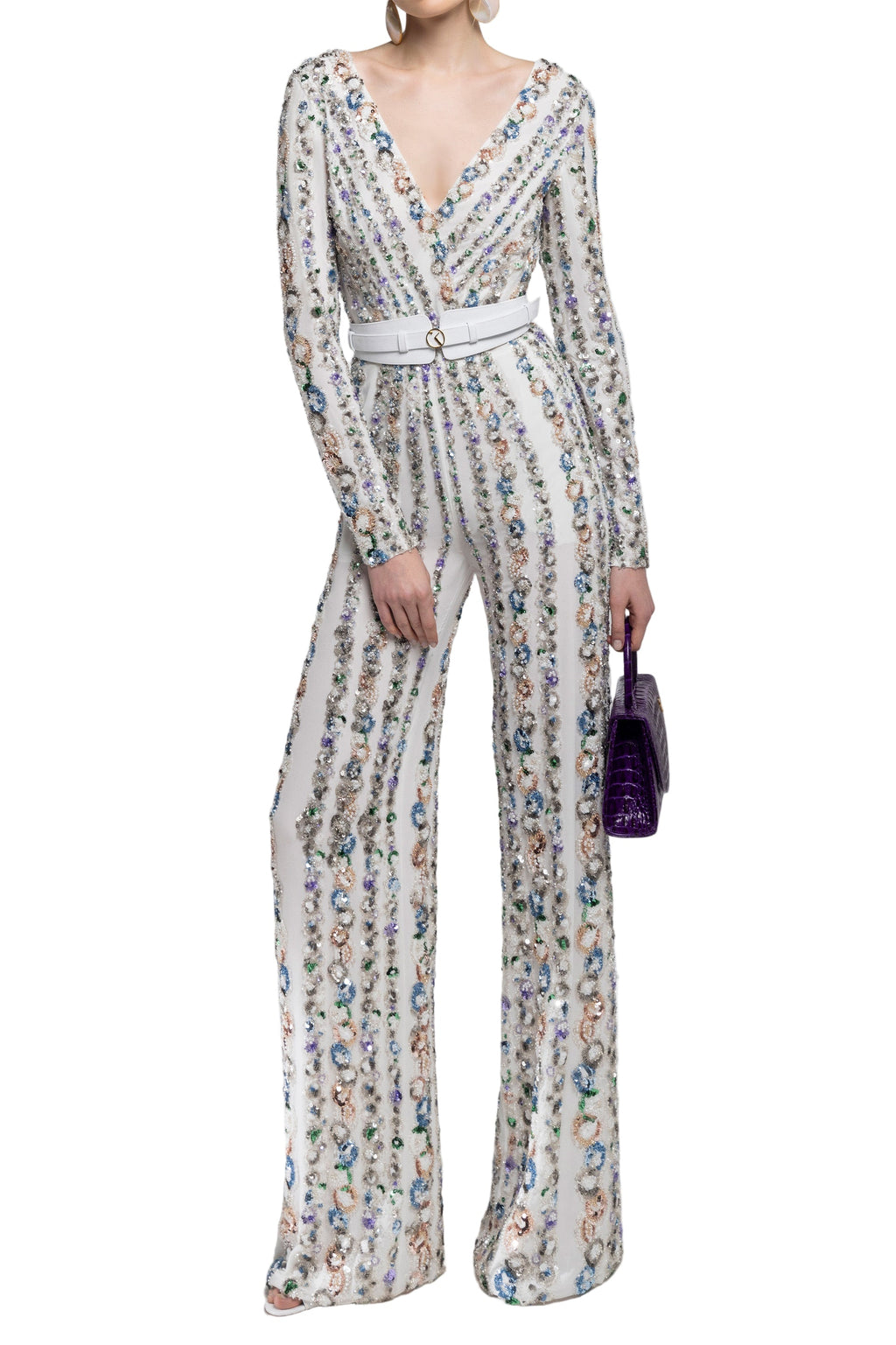 CANTON CREPE BEADED JUMPSUIT WITH A WRAPPED TOP