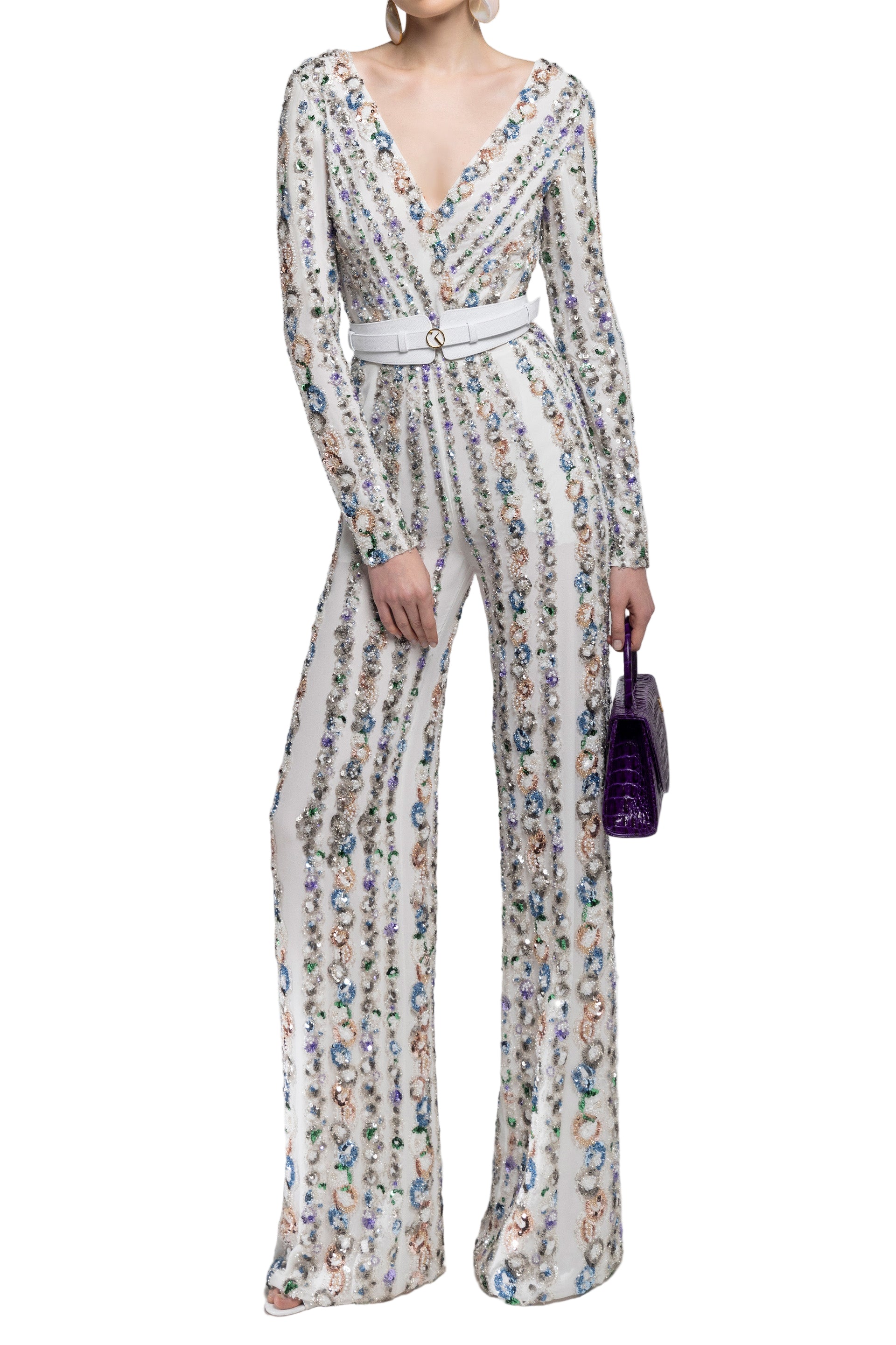 CANTON CREPE BEADED JUMPSUIT WITH A WRAPPED TOP