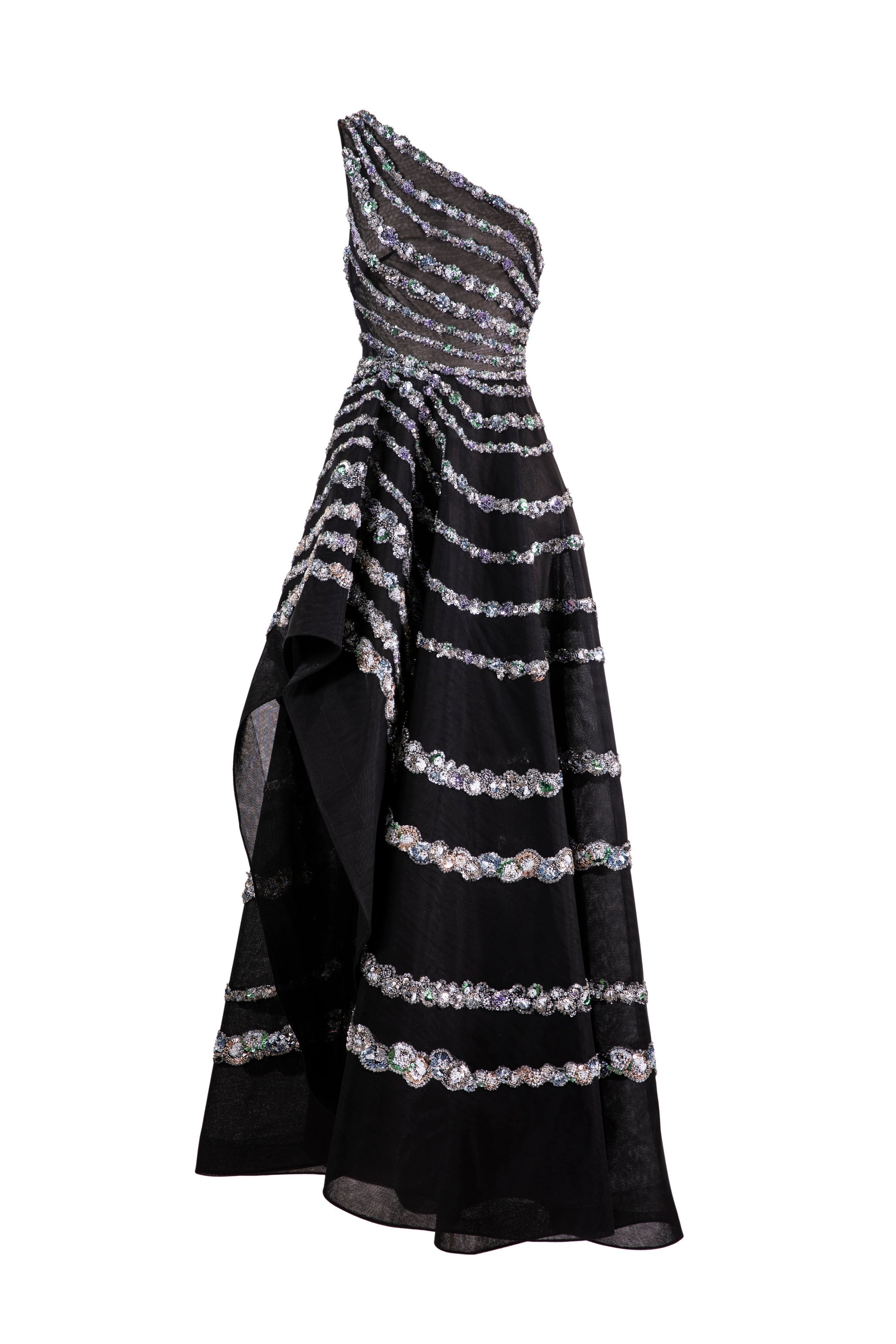 ONE SHOULDER ASYMMETRIC, BEADED DRESS